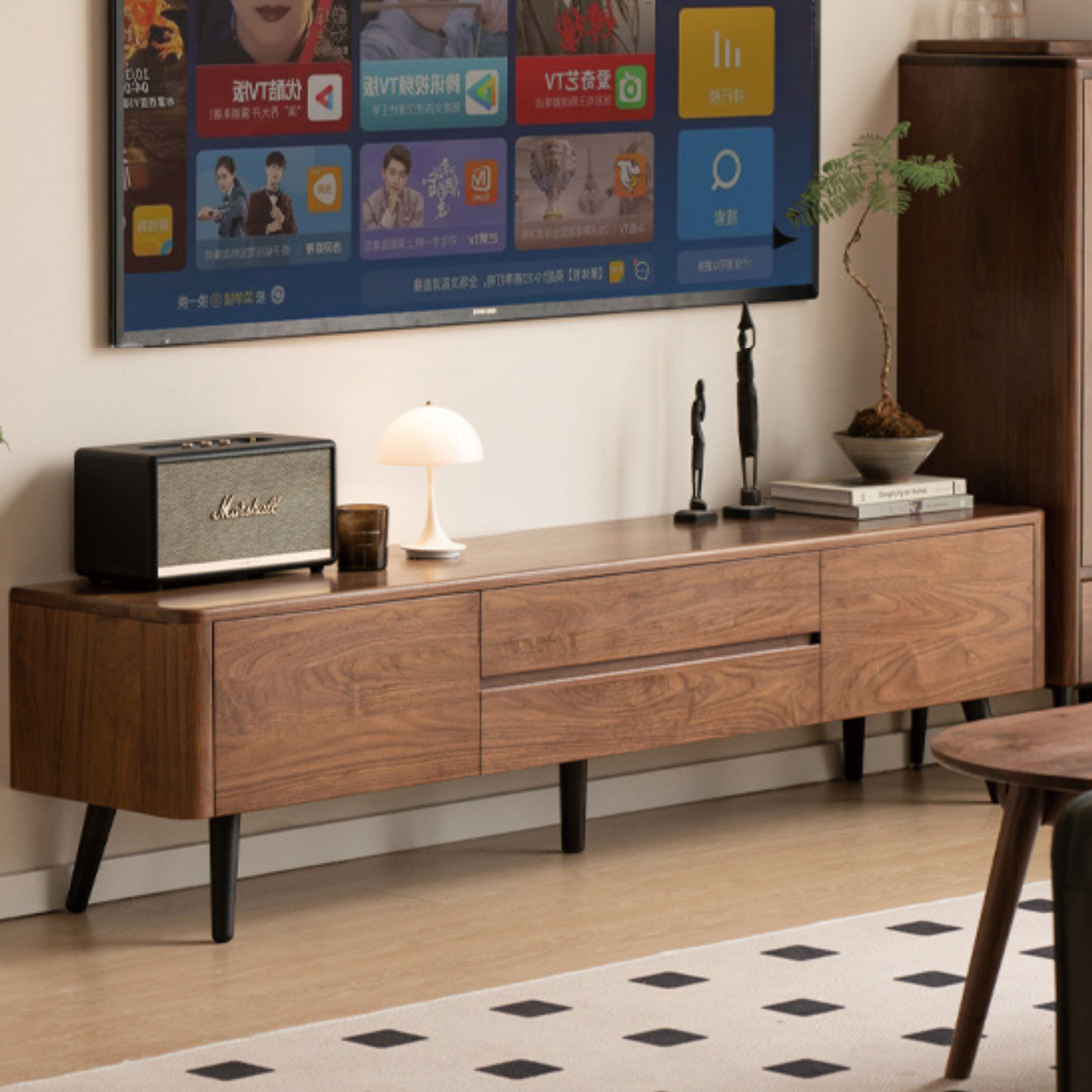 Black Walnut Solid Wood TV Stand - Modern Minimalist Entertainment Center for Living Room, Bedroom & Home Theater