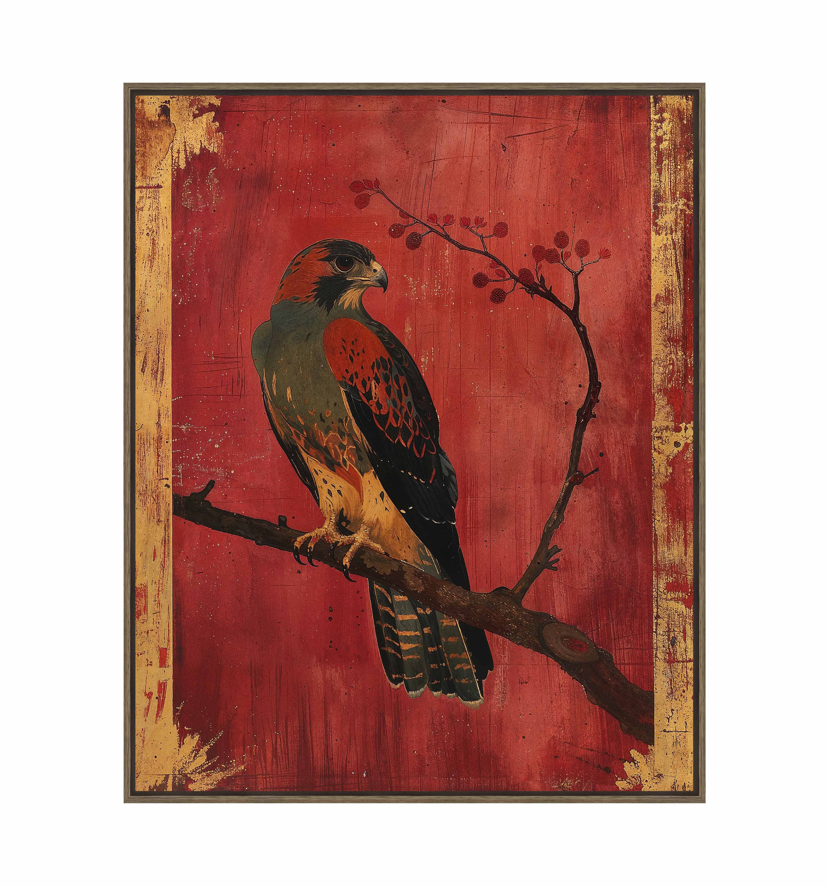 Crimson Majesty Falcon of the Silk Road Wall Art - Handmade Gallery Wrapped Canvas Painting for Living Room, Bedroom & Office Decor