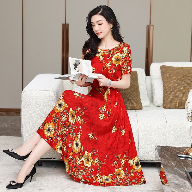 Floral Print O-Neck Women's Dresses - Elegant & Comfortable for Casual Wear, Office, and Special Occasions