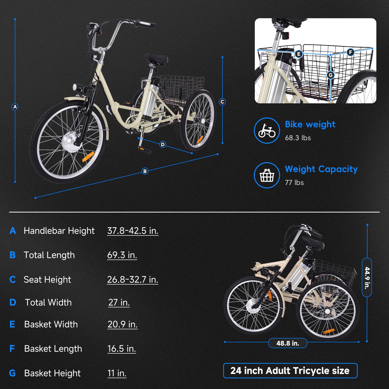 GARVEE 26 Inch Adult 3 Wheel Electric Tricycle with Basket - Fat Tires, 7 Speeds, 350W Motor, 36V 10Ah Removable Battery - Beige - Perfect for Commuting, Shopping & Leisure Rides