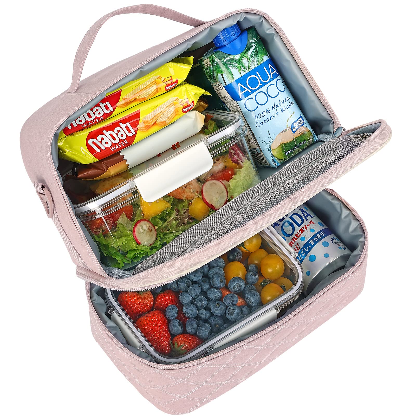 FINDCOZY Women's Insulated Lunch Bag - Double Deck Reusable Lunch Box for Work, School & Picnic - Thermal Food Container for Office, College & Outdoor Activities - Pink