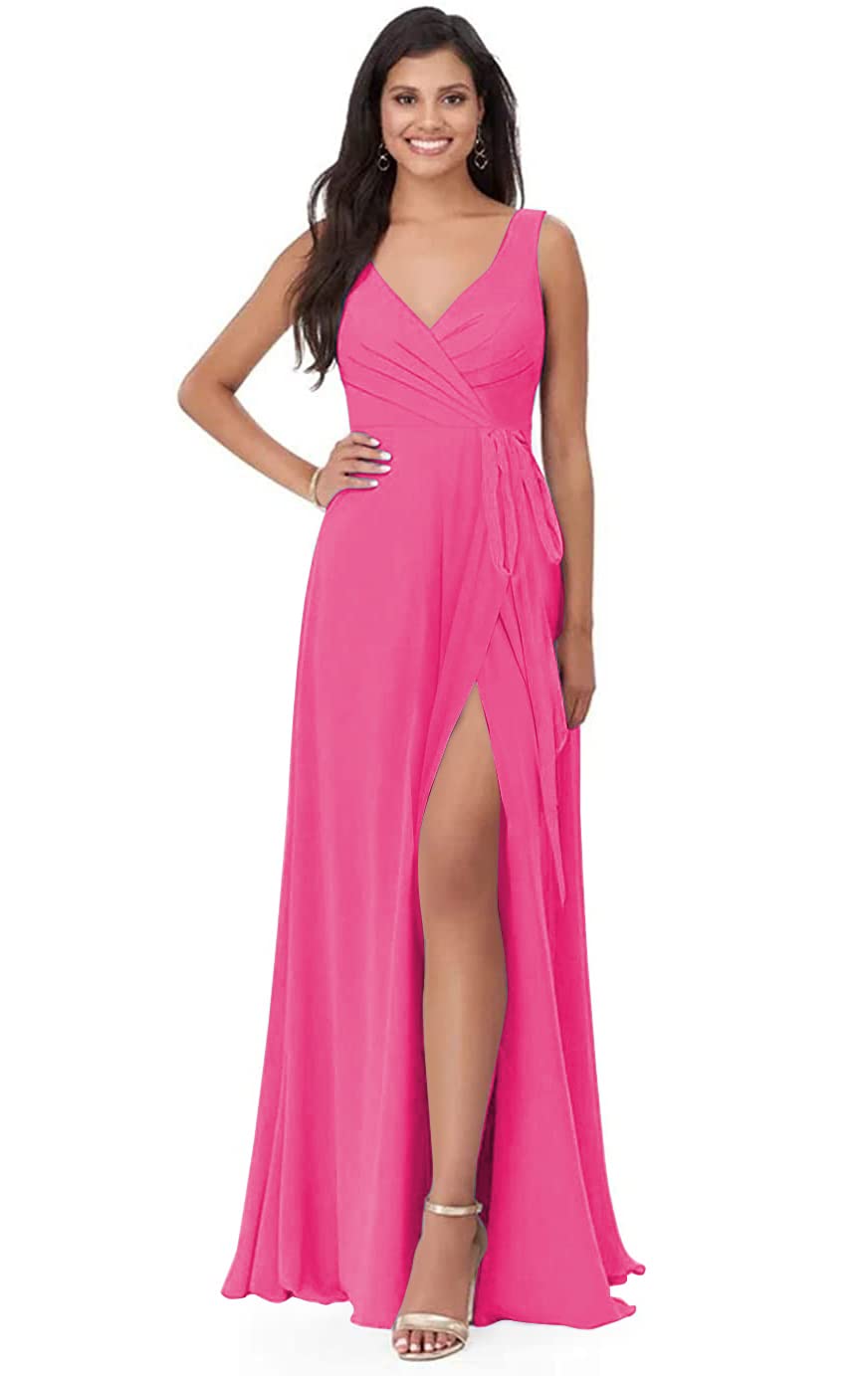 Elegant Split V-Neck Chiffon Bridesmaid Dress - Long A-Line Formal Evening Gown with Pleated Detail & Belt for Women | Perfect for Weddings, Proms & Special Occasions
