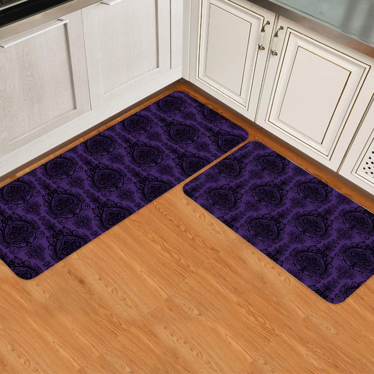 Non-Slip Geometric Kitchen Rug Set of 2 - Waterproof Floor Mats for Kitchen, Bathroom & Doorway | Baroque Victorian Renaissance Pattern in Purple & Black | Perfect for High-Traffic Areas & Spill-Prone Spaces