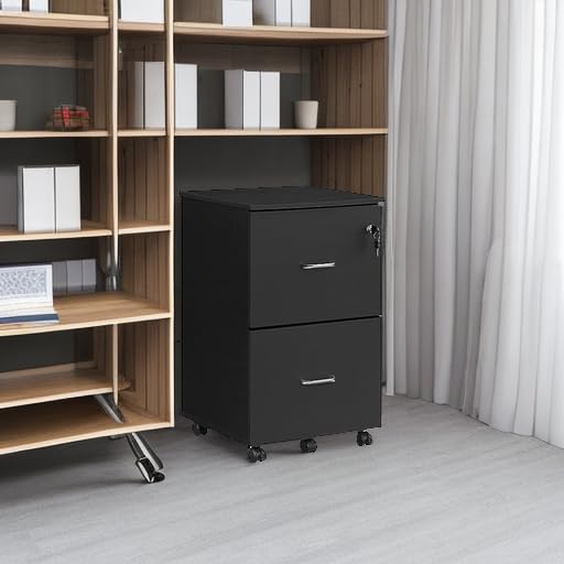 VASAGLE 2-Drawer Locking File Cabinet with Wheels - Home Office Storage Cabinet for A4 & Letter-Size Documents, Printer Stand - Easy Assembly in Honey Brown & Ink Black - Perfect for Small Spaces & Organization