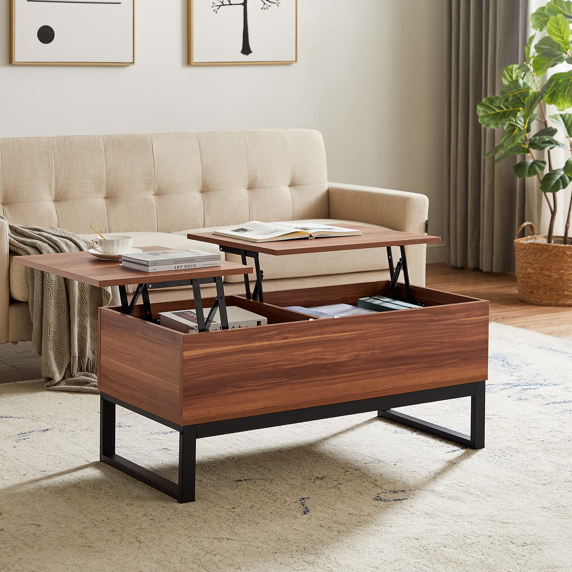 Lift Top Coffee Table with Storage - Multifunctional Liftable Computer Desk for Living Room, Office & Reception - Wood Grain Finish & Sturdy Metal Legs (Rosewood) - Perfect for Work, Study & Home Decor