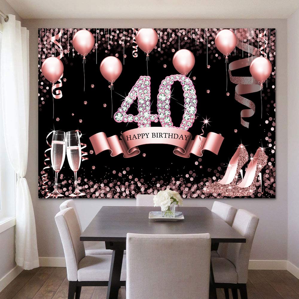 Rose Gold Glitter Happy 40th Birthday Backdrop for Women - 7x5ft Pink Shining Bokeh Dots Photography Background - Perfect for 30th/40th Birthday Party Decor, Photo Booth & Celebration Backdrops