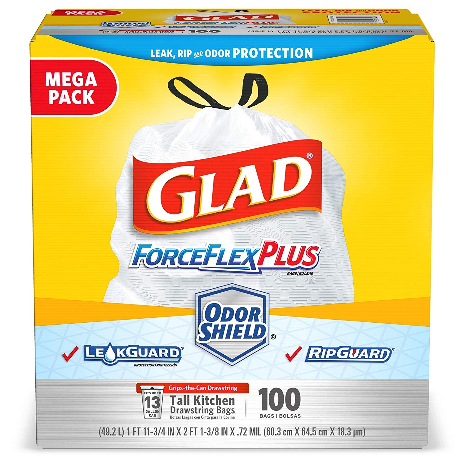 Glad ForceFlexPlus 13 Gallon Tall Kitchen Drawstring Trash Bags with OdorShield Technology - 100 Count (6 Packs) - Heavy Duty White Garbage Bags for Kitchen, Office & Home Use