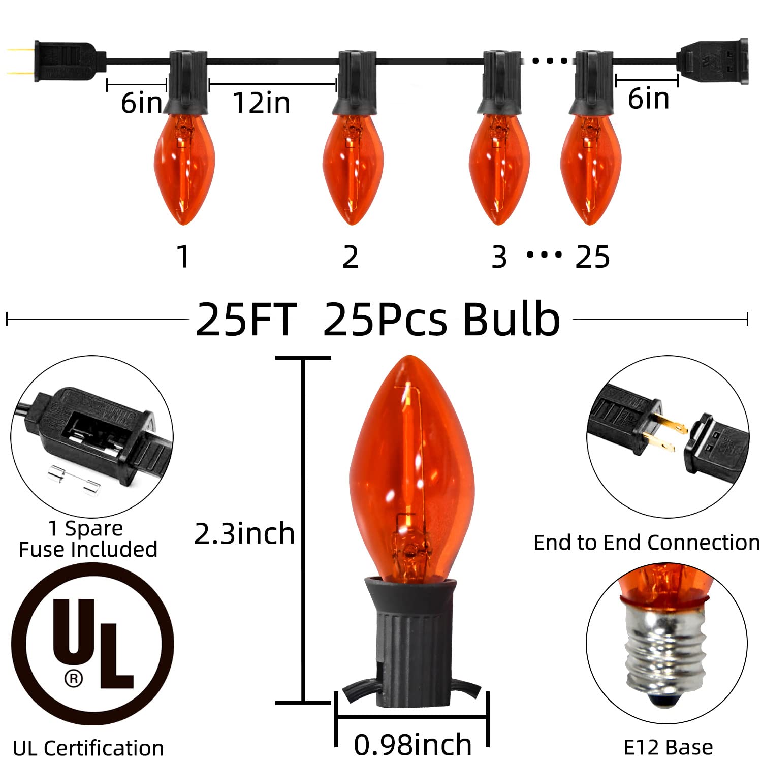 SOTOPOO C7 Orange LED String Lights - 25FT Halloween Party Lights with 25 LED Bulbs (Includes 2 Spare Bulbs) | Indoor Outdoor Waterproof Decor for Home, Yard, Camping, Christmas & Halloween Celebrations