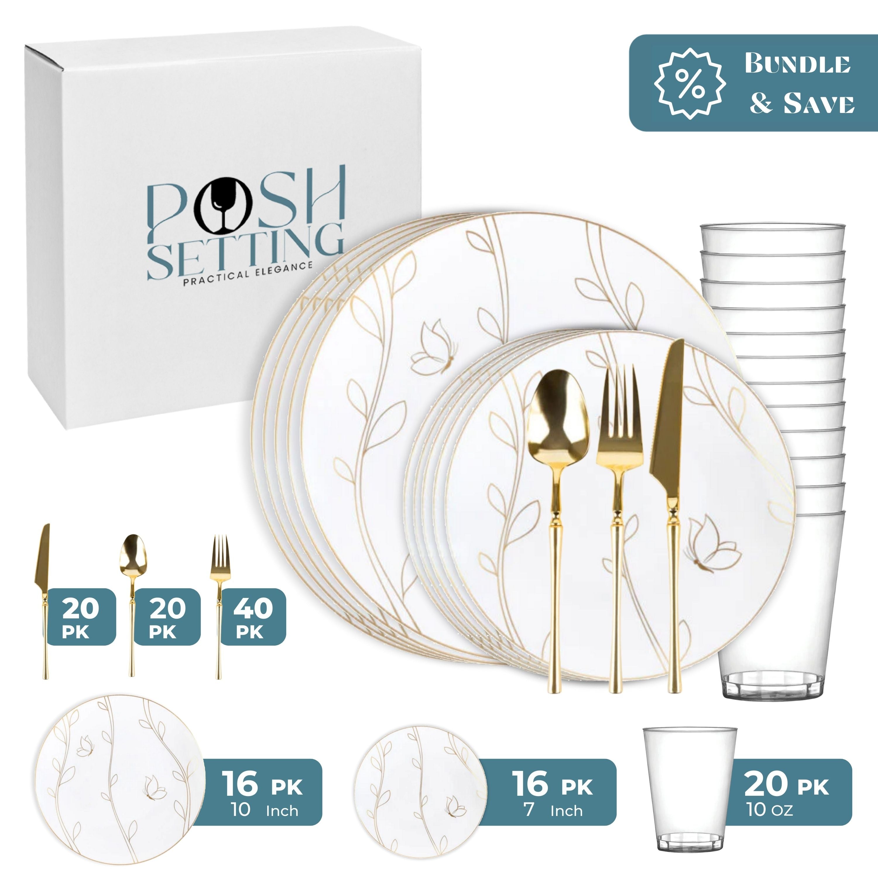 White and Gold Plastic Party Bundle - Elegant Disposable Tableware Set for Weddings, Birthdays & Events - Plates, Cups, Forks & Napkins (50-Pack) - Perfect for Celebrations, Baby Showers & Dinner Parties