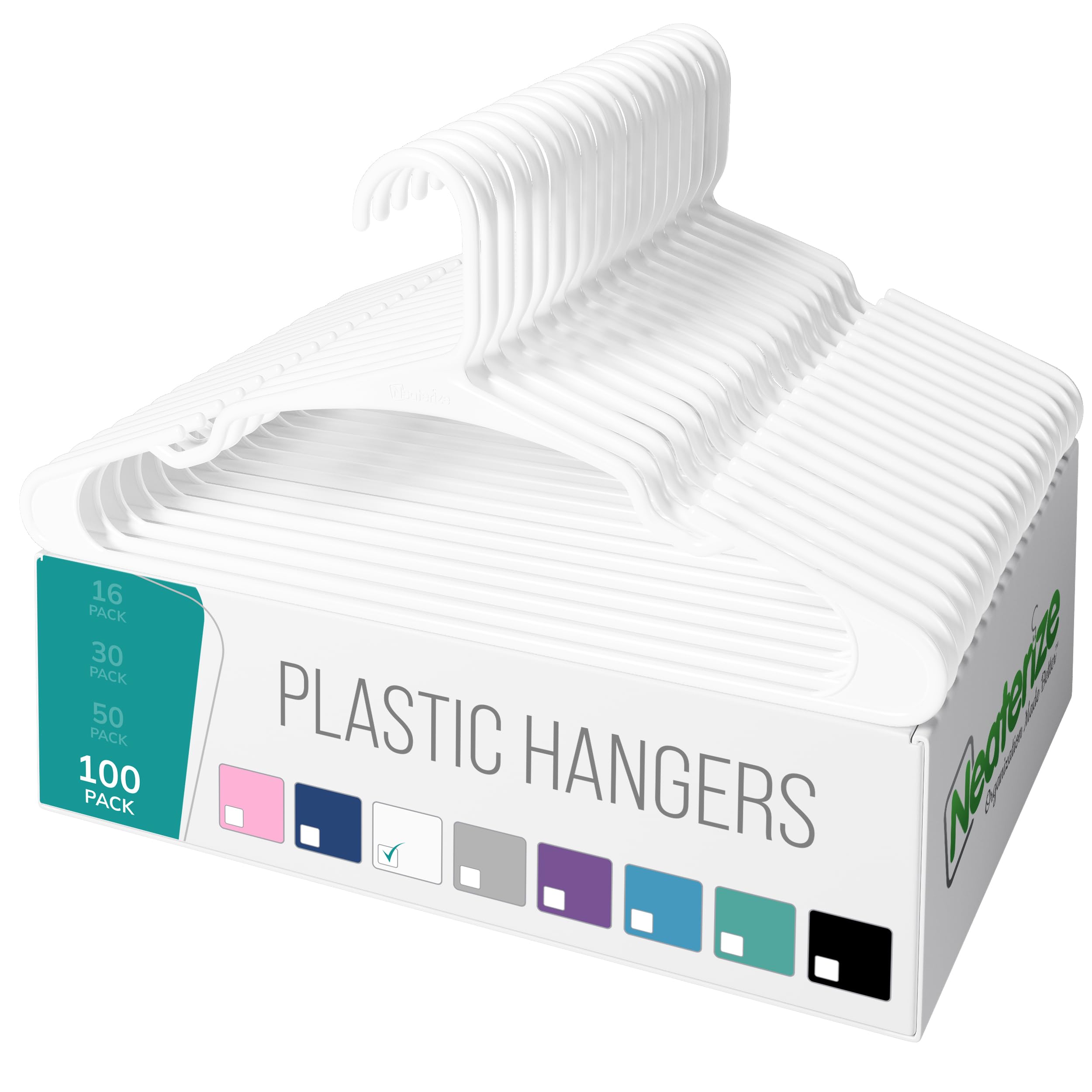 100 Pack NEATERIZE Plastic Clothes Hangers for Adults - Space Saving Coat Hangers for Closet Organization, Durable White Garment Hangers (Perfect for Shirts, Pants, Dresses & Jackets) - Ideal for Home, Office & Laundry Room Storage