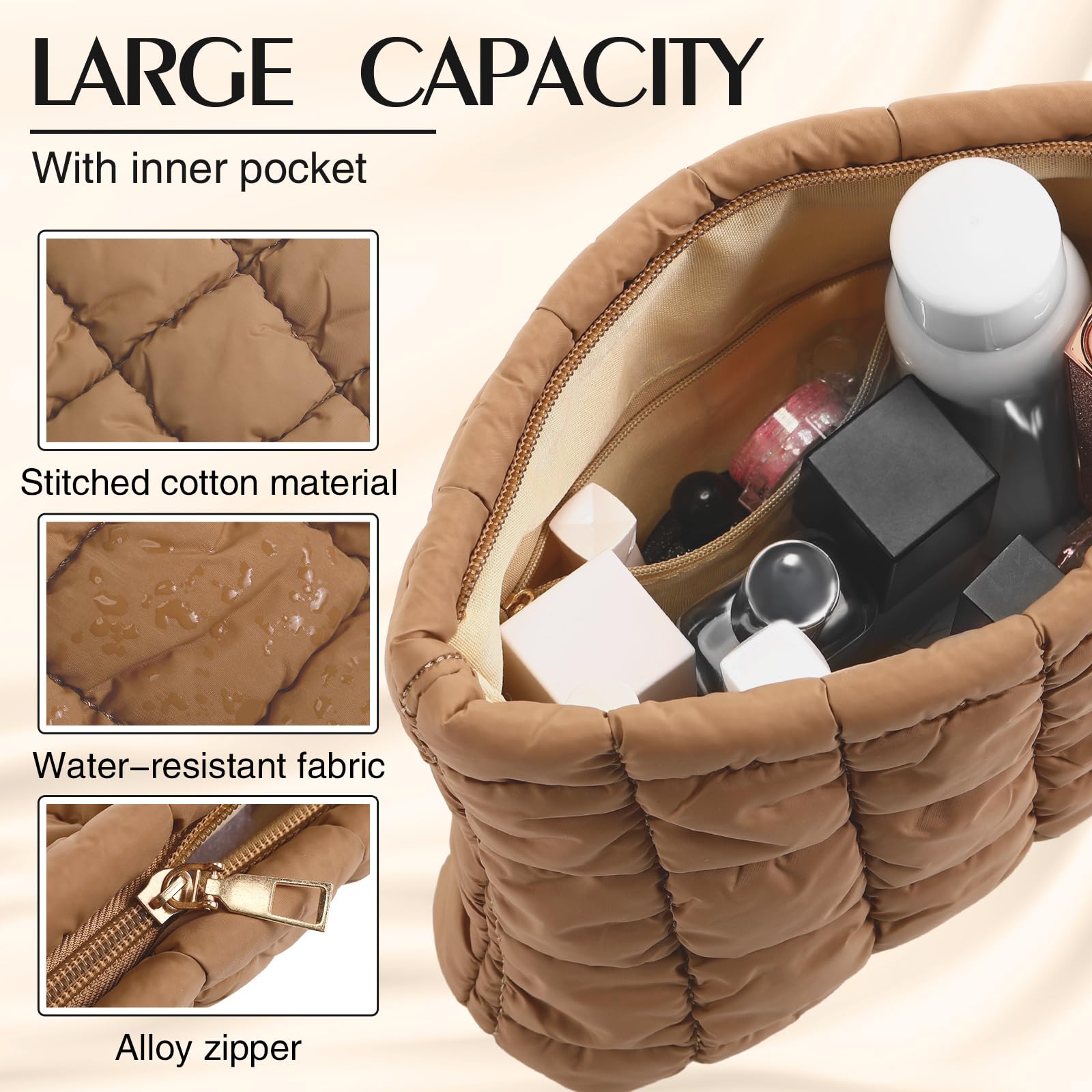 Hillban Quilted Makeup Bag - Cute Puffer Cosmetic Organizer for Travel & Brushes (Brown)