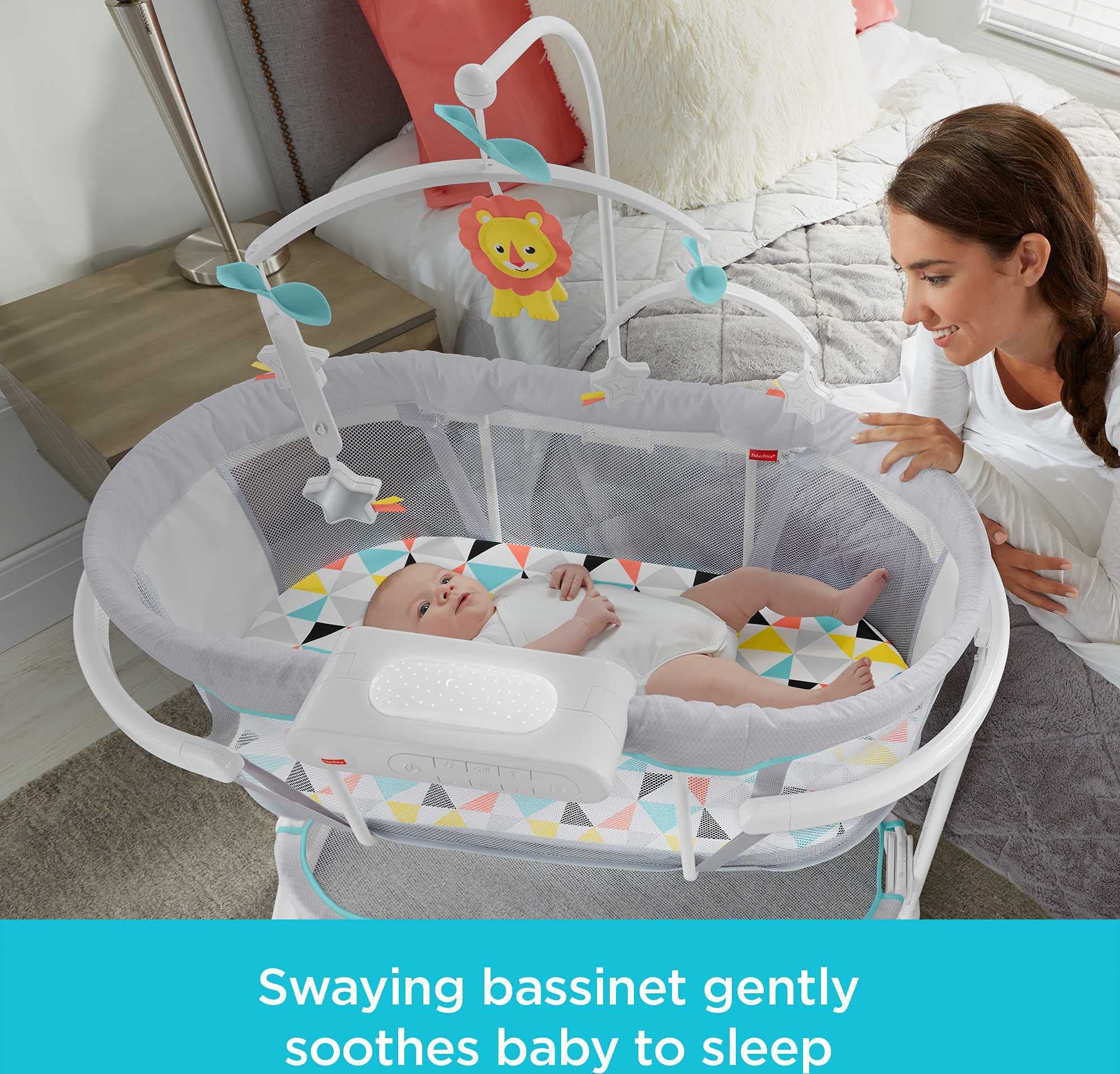 Fisher-Price Baby Bedside Sleeper Bassinet with Soothing Motions, Night Lights, Lullabies, Vibrations & Rotating Toy Mobile for Newborns 0-6 Months - Windmill Design | Perfect for Nursery, Bedroom Co-Sleeping & New Parents