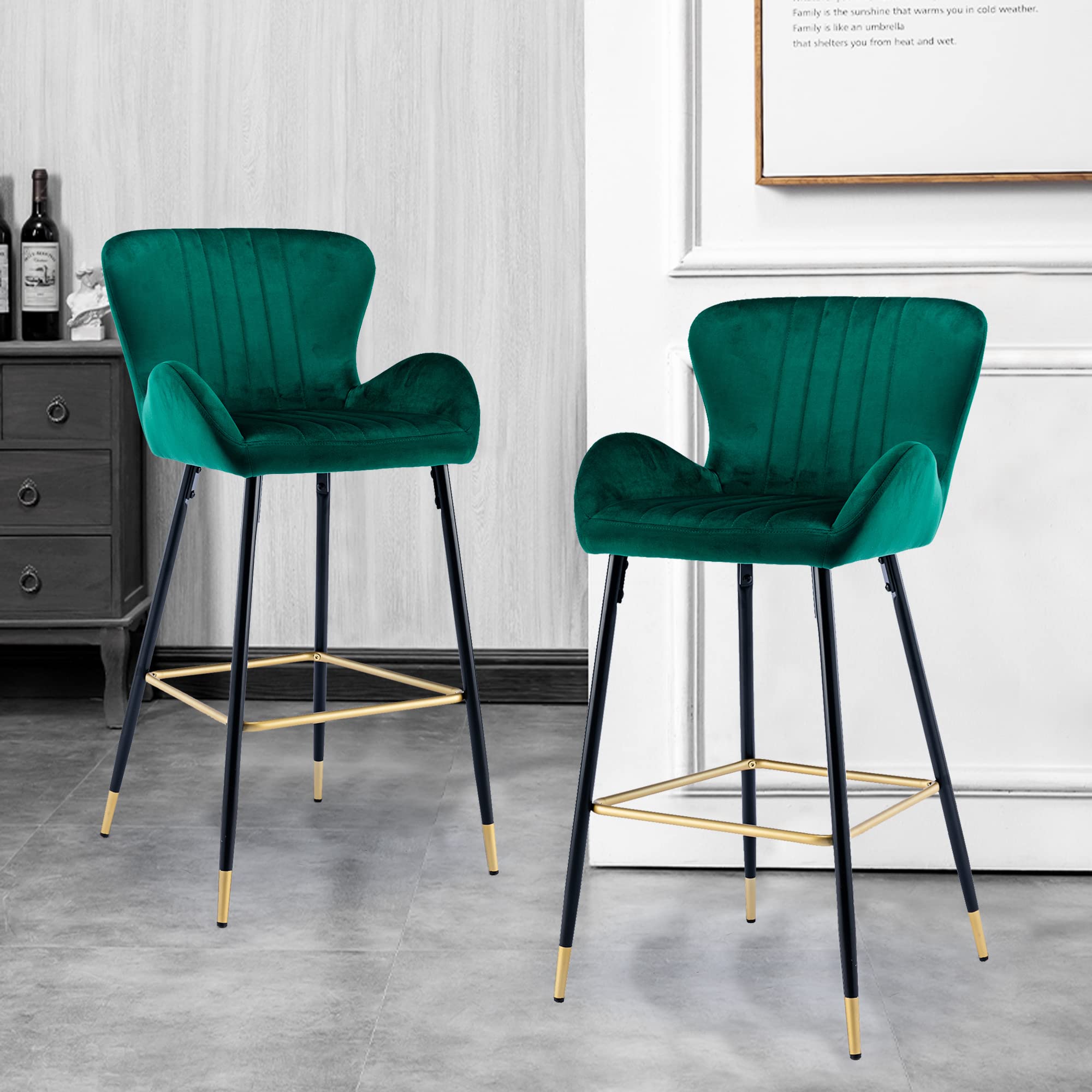 2PC Velvet Bar Stools with Back Support & Footrest - 24