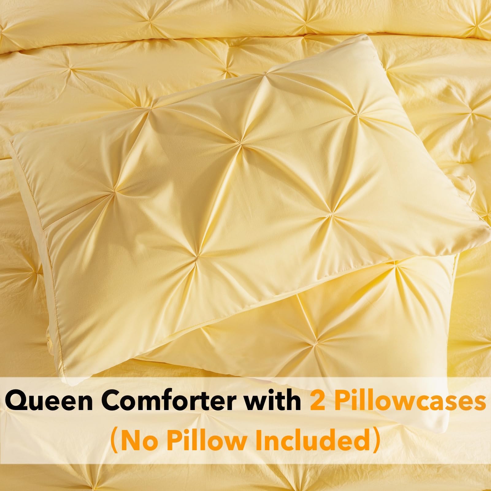 Premium Andency Yellow Pinch Pleat Comforter Set - Queen Size (90x90 Inches) 3-Piece Microfiber All-Season Down Alternative Bedding with Pintuck Design - Includes 1 Comforter & 2 Pillow Shams - Perfect for Master Bedroom, Guest Room & Cozy Home Decor