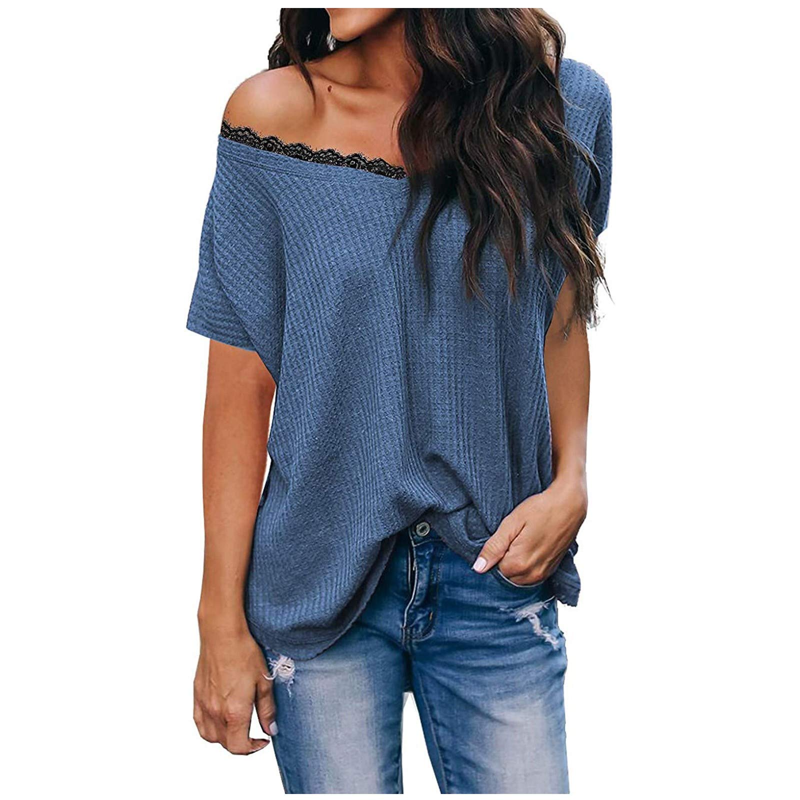 Women's Short Sleeve V-Neck Tunic Top - Summer Casual Waffle Knit T-Shirt with Lace Detail | Perfect for Beach Outfits, Vacation Wear & Everyday Comfort