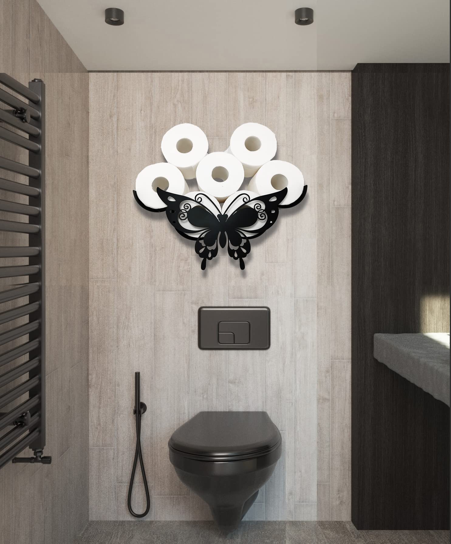 Black Metal Butterfly Wall-Mounted Toilet Paper Holder - Decorative Animal Tissue Storage for Bathroom - Holds 8 Extra Rolls - Perfect for Home, Apartment & RV Bathroom Decor