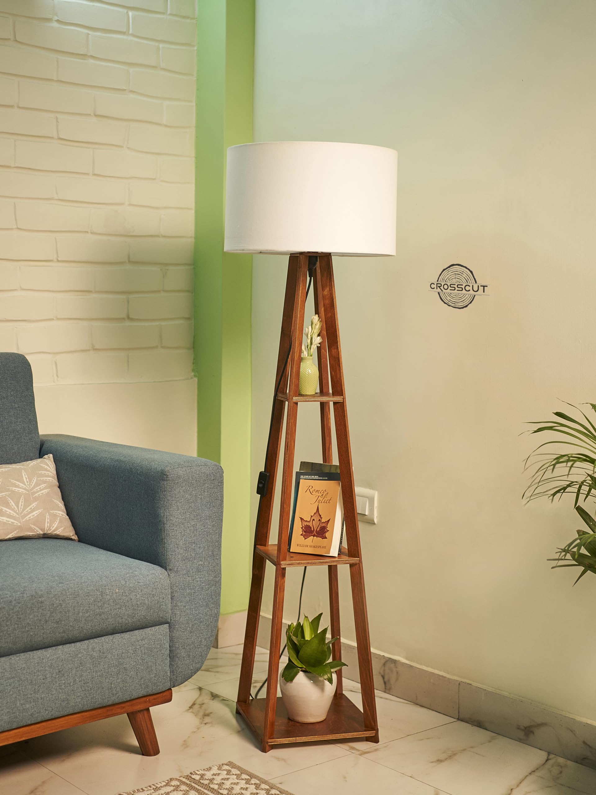 Modern Crosscut Wooden Floor Lamp with Shelf - Cotton White Finish, Includes LED Bulb | Perfect for Living Room, Bedroom & Office Lighting Decor