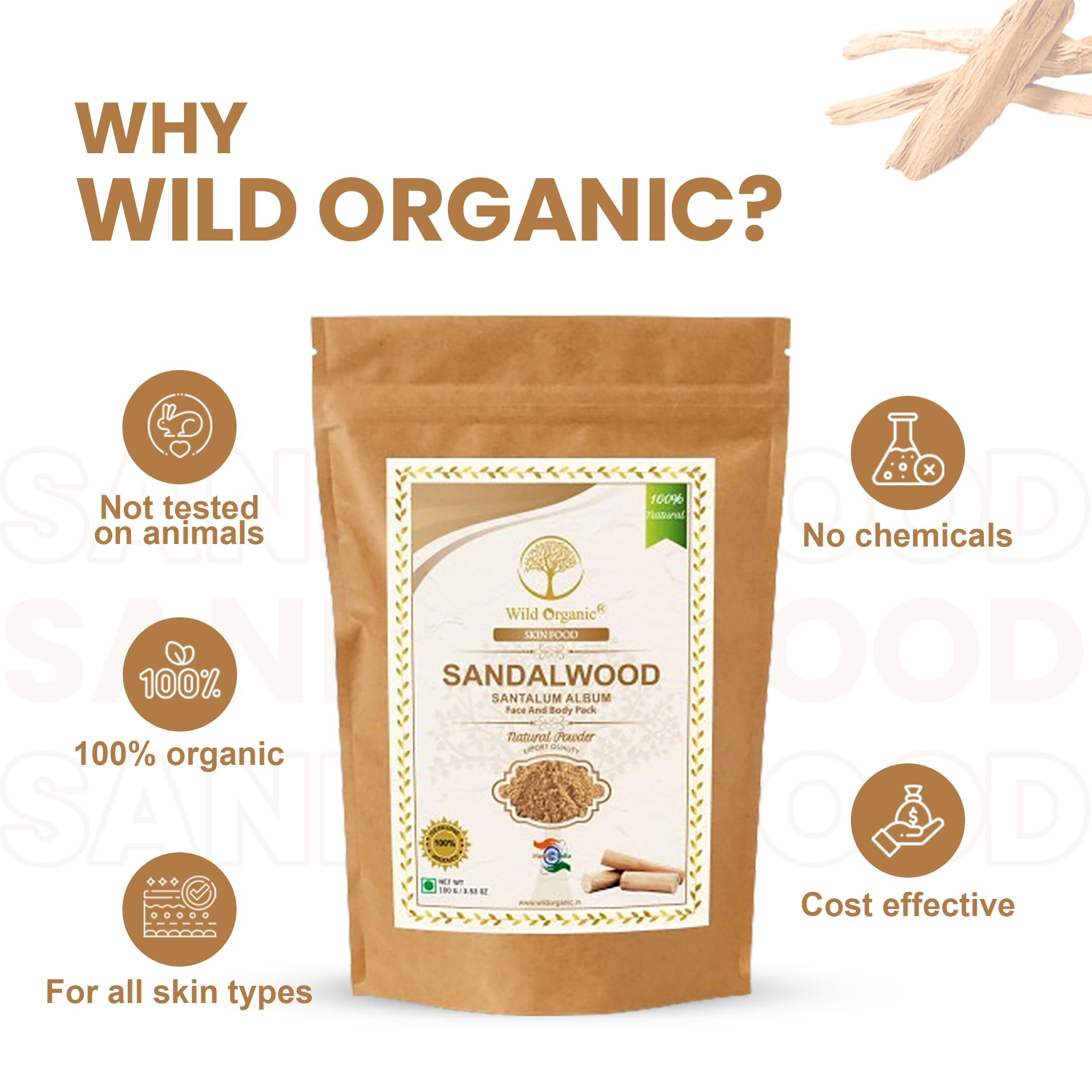 WILD ORGANIC 100% Natural Sandalwood Powder for Face & Body - Instant Glow & Skin Brightening (100g) | Suitable for All Skin Types | DIY Face Masks, Spa Treatments & Ayurvedic Skincare