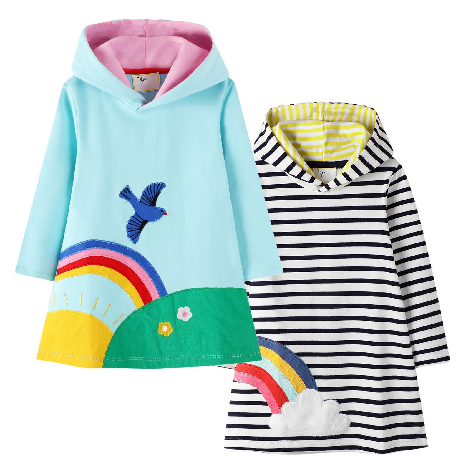 Girls Christmas Dress Long Sleeve - Cotton Casual Cartoon Applique Jersey Dress for Holiday Parties & Family Photos
