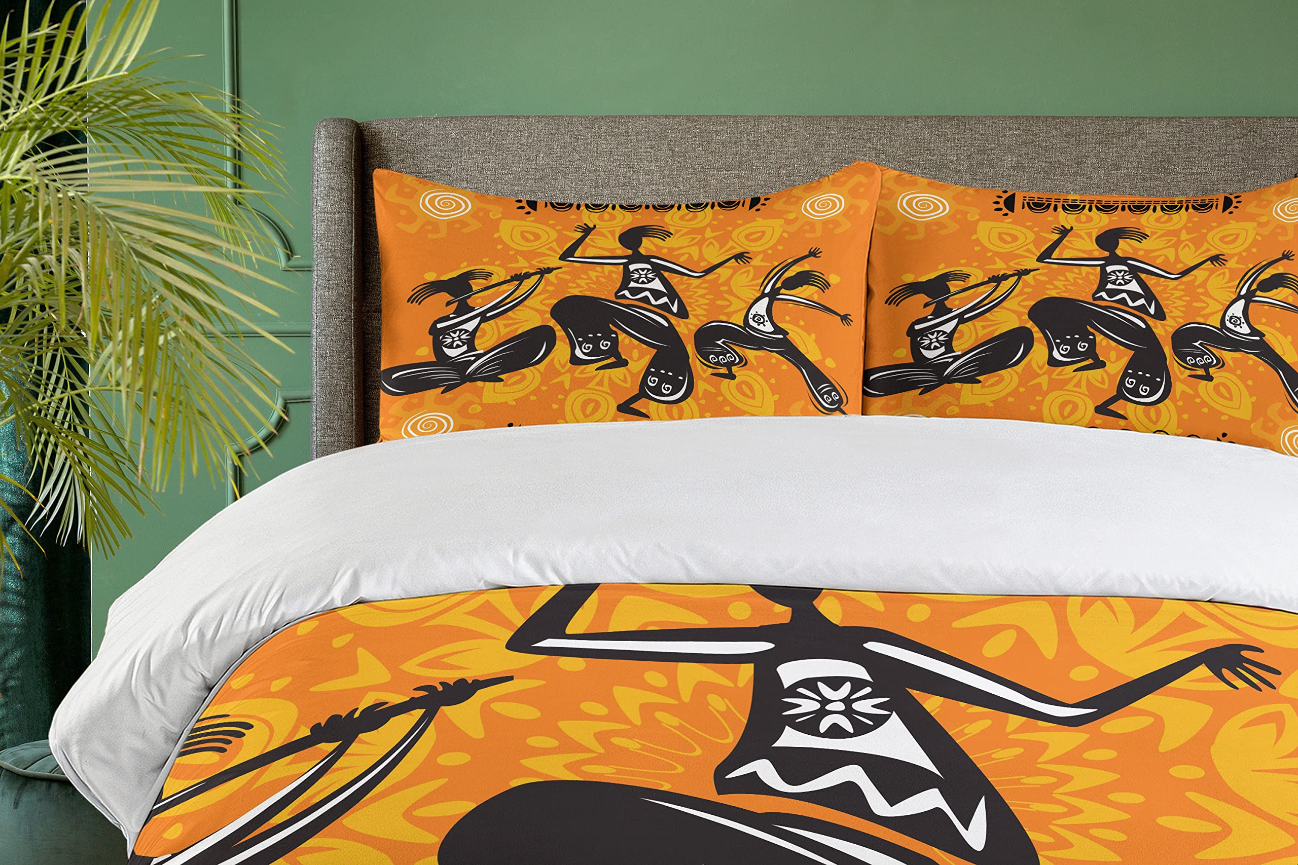 Ambesonne African Duvet Cover Set - Native Dancer with Poly Rhythm Body Articulations Design, 3-Piece King Size Bedding Set with 2 Pillow Shams in Orange & Black | Tribal Home Decor for Bedroom, Boho Chic Style, Unique Gift Idea