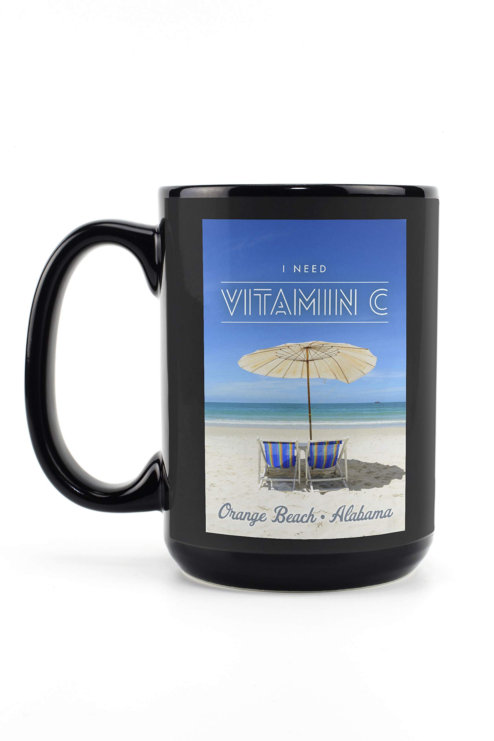 Lantern Press Orange Beach Alabama Vitamin C Beach Chairs Umbrellas 15oz Black Ceramic Coffee Mug - Dishwasher & Microwave Safe - Perfect for Beach Vacations, Home Use & Office
