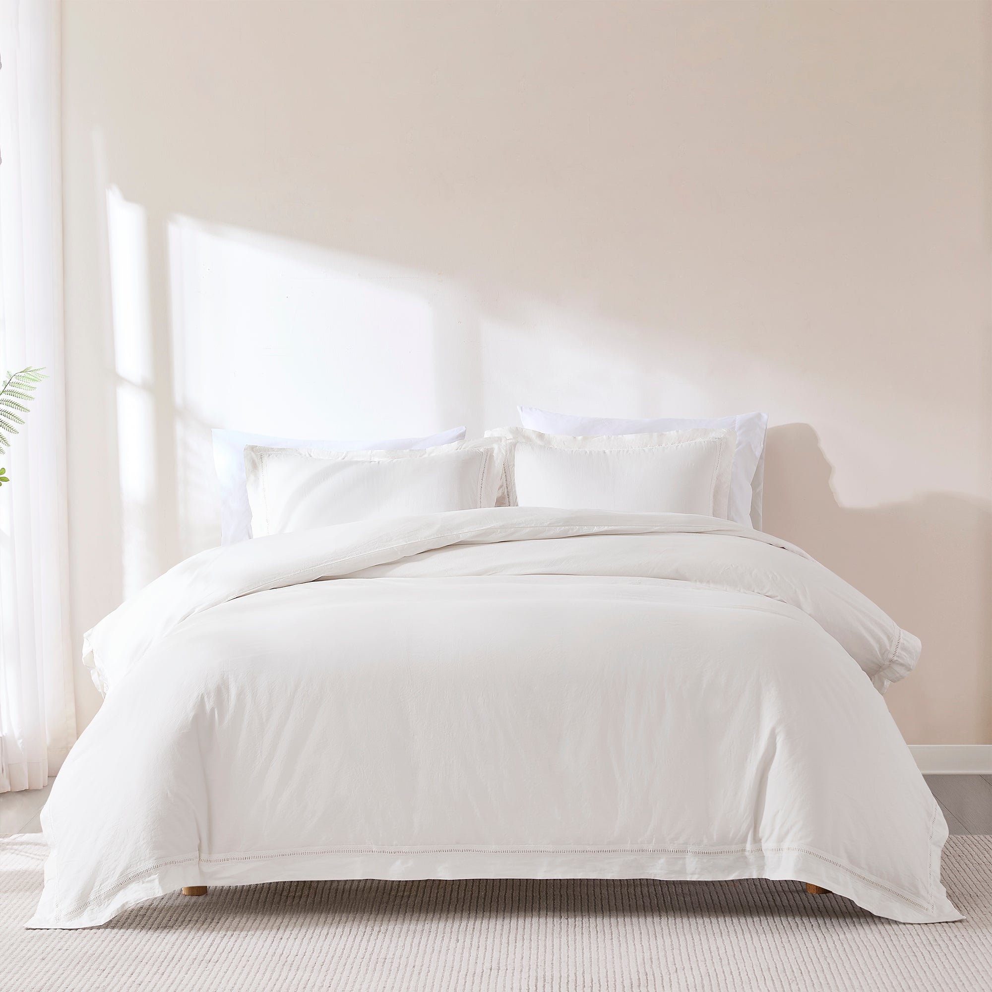 Doris Eyelet Inset Trim Cotton Duvet Cover Set - Queen Size Bedding Set with Pillowcases - Breathable Soft Duvet Cover for Bedroom, Guest Room & Dorm Decor