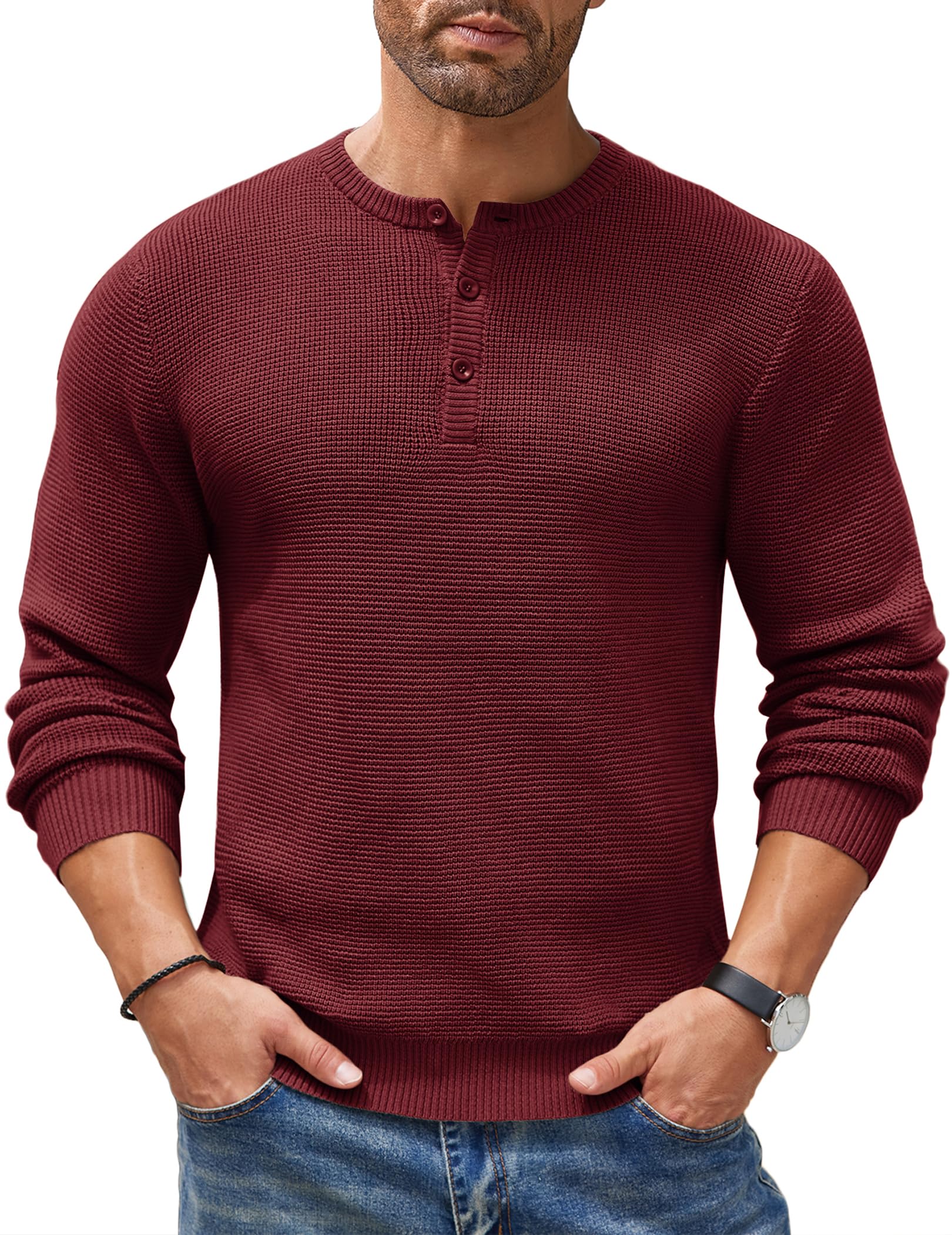 COOFANDY Men's Henley Knit Sweater - Long Sleeve Button Pullover with Waffle Texture | Casual Fashion Sweater for Men | Perfect for Fall, Winter & Date Nights