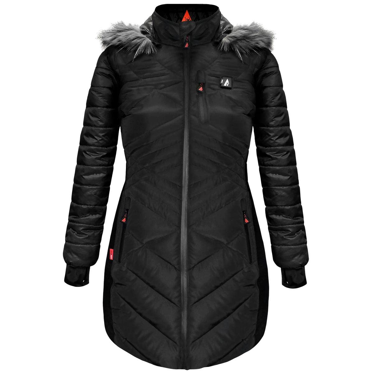 ActionHeat Women's Long Puffer Heated Jacket - Stylish Winter Heated Coat with Hood for Outdoor Activities, Skiing & Cold Weather
