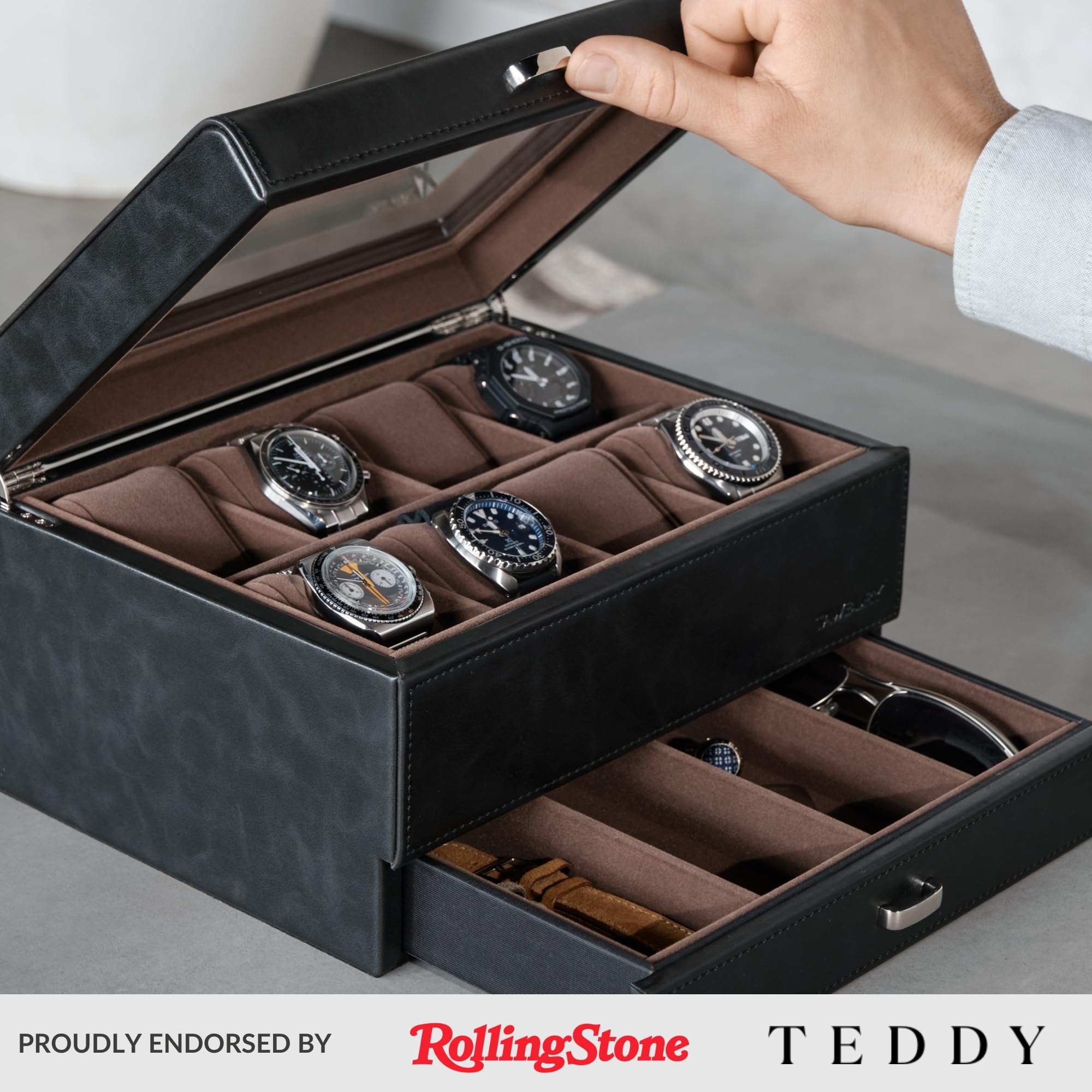 TAWBURY 8 Slot Watch Organizer Box with Storage Drawer - Premium Faux Leather Watch Case for Men | Luxury Watch Display & Storage Box with Valet Drawer | Perfect for Watch Collectors & Gift Giving