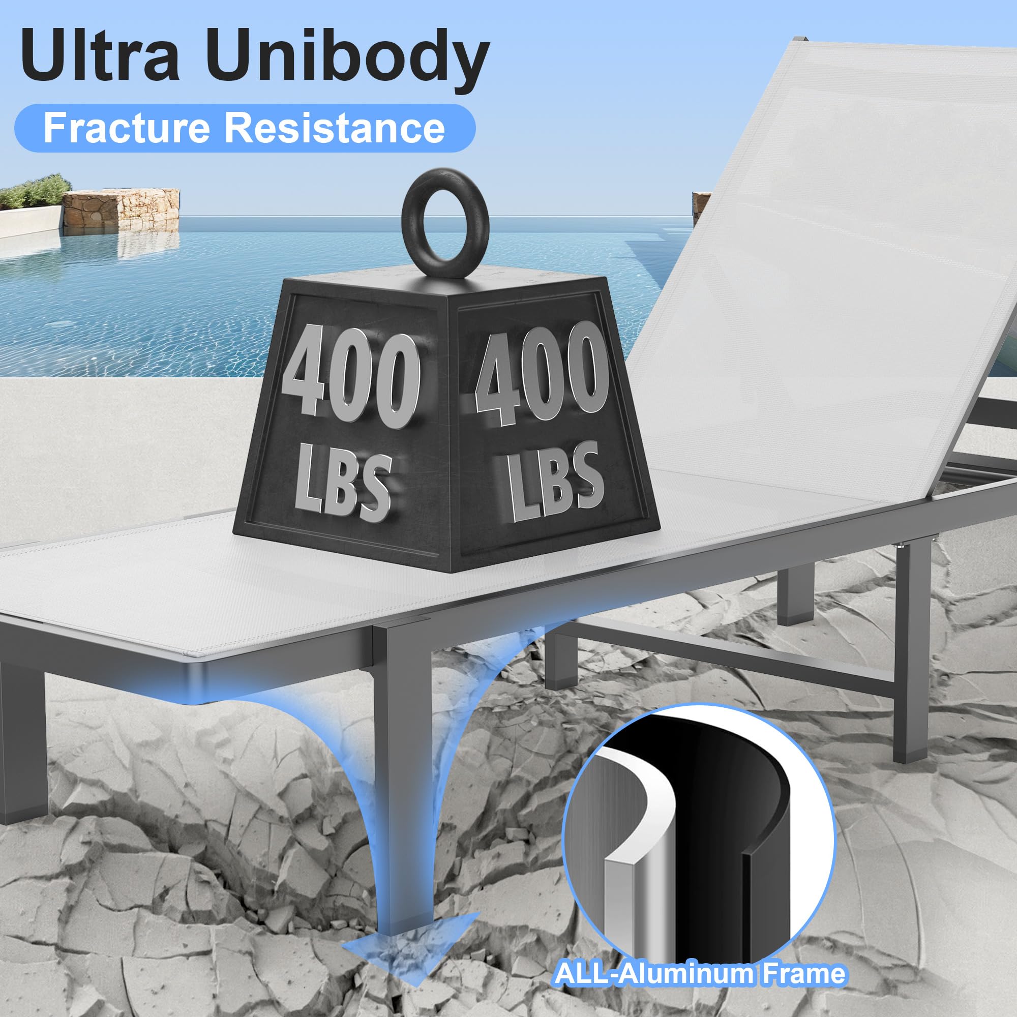 Adjustable Outdoor Lounge Chair 0-60° Reclining - Weather-Resistant Aluminum Tanning Chaise for Patio, Pool & Beach - Perfect for Sunbathing, Relaxing & Outdoor Lounging - White