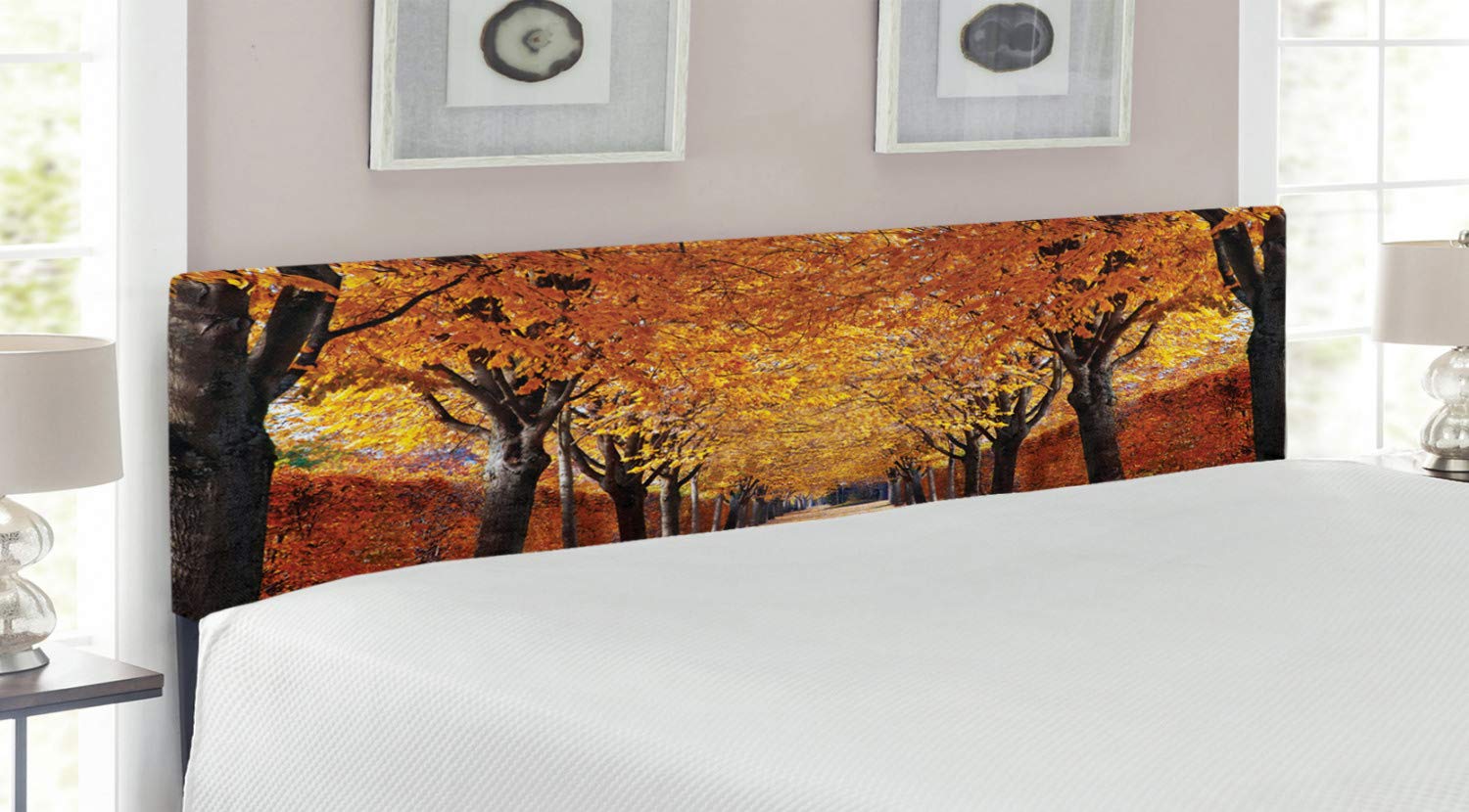 Ambesonne Autumn Headboard - King Size Upholstered Metal Bed Headboard with Memory Foam, Pathway in The Woods Covered with Dried Deciduous Tree Leaves Design in Orange Brown | Romantic Fall Season Decor for Master Bedroom, Guest Room & Cozy Cabin Retreat