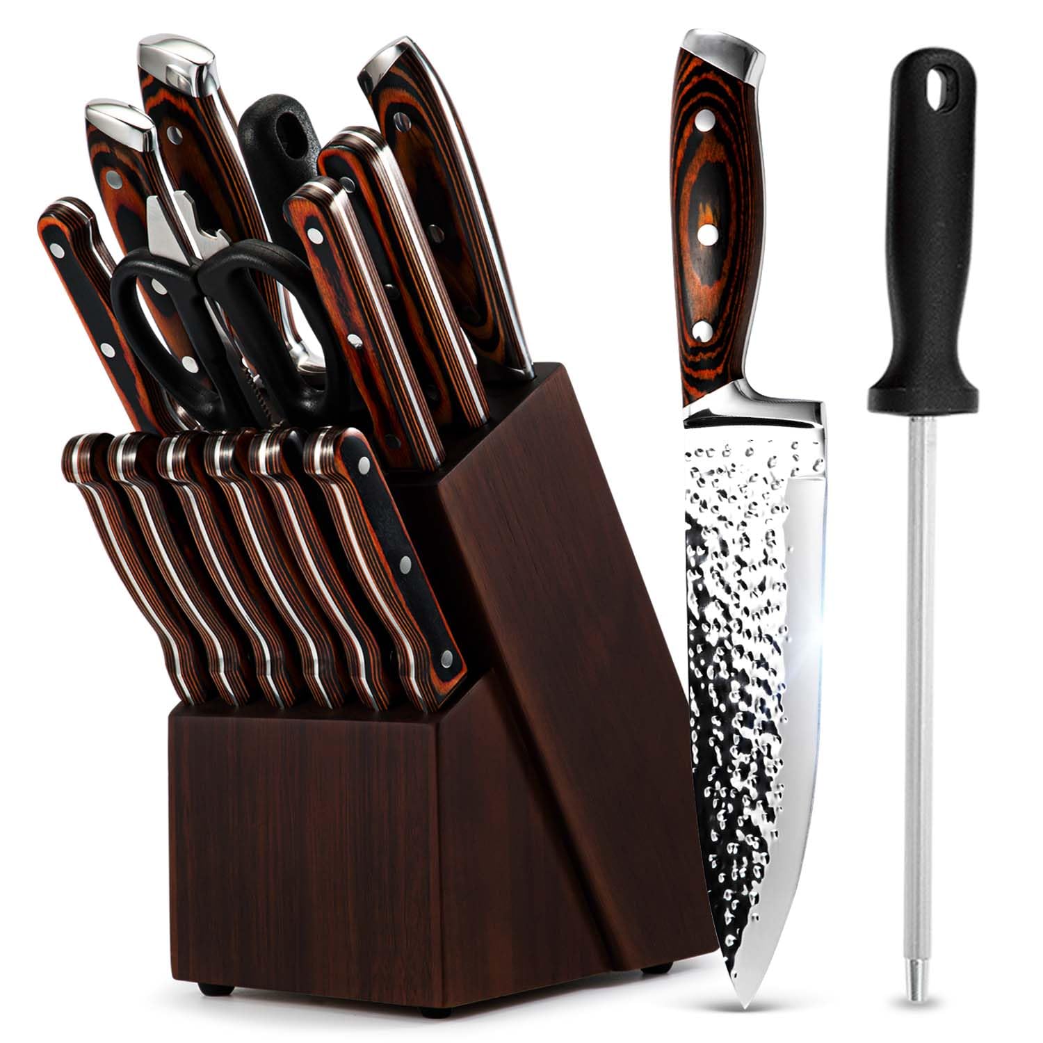 15-Piece High Carbon Stainless Steel Kitchen Knife Set with Wood Block & Sharpener - Ultra-Sharp Chef Knives, Steak Knives, Utility Knives - Triple Rivet Wood Handle for Professional Cooking, Slicing, Chopping - Perfect for Home Chefs, Restaurants & Gift Giving