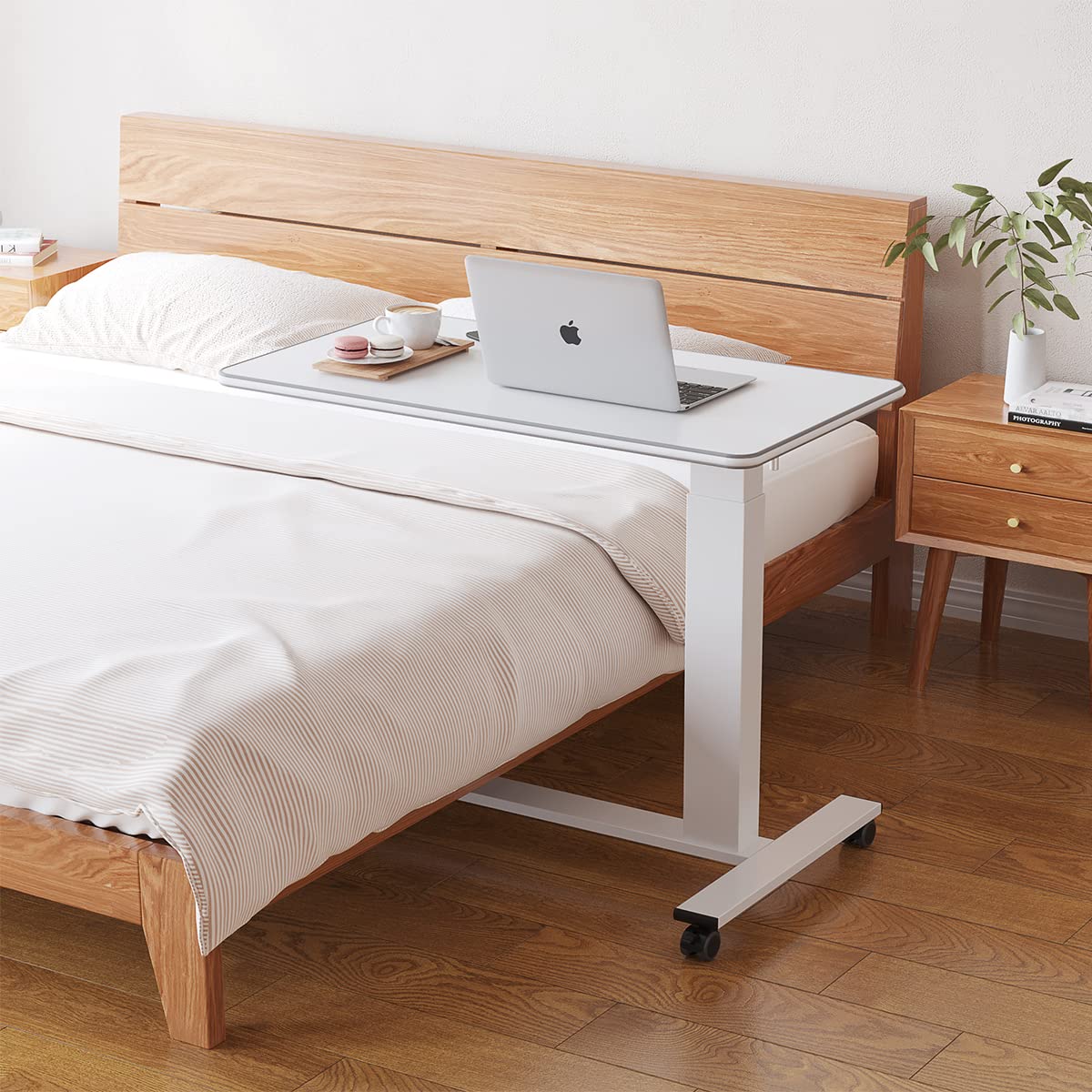 TigerDad Adjustable Height Hospital Bed Table with Wheels - Overbed Desk for Laptop, Food & Reading - Mobile Bedside Table for Home, Nursing Homes & Hospitals (Hand Crank Operation)