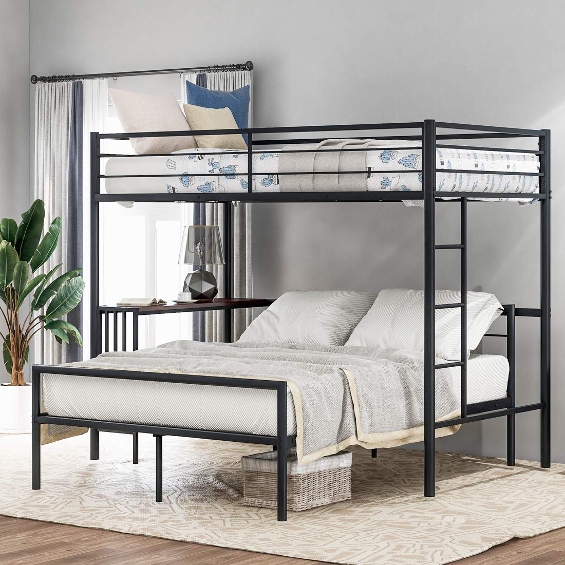 Teeker Twin Over Full Metal Bunk Bed with Built-in Desk - Sturdy Bunk Bed Frame with Ladder & Reinforced Slats for Kids/Teens Bedroom - Space Saving Black Bunk Beds for Small Rooms & Shared Kids Bedrooms