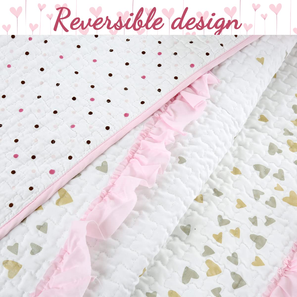 Pink Ruffle Metallic Printed Hearts Reversible Quilt Bedding Set - 3 Piece Queen Size (1 Quilt + 2 Shams) | Cozy Line Home Fashions | Soft Cotton Coverlet & Bedspread | Perfect for Girls' Bedroom, Nursery Decor or Valentine's Day Gift