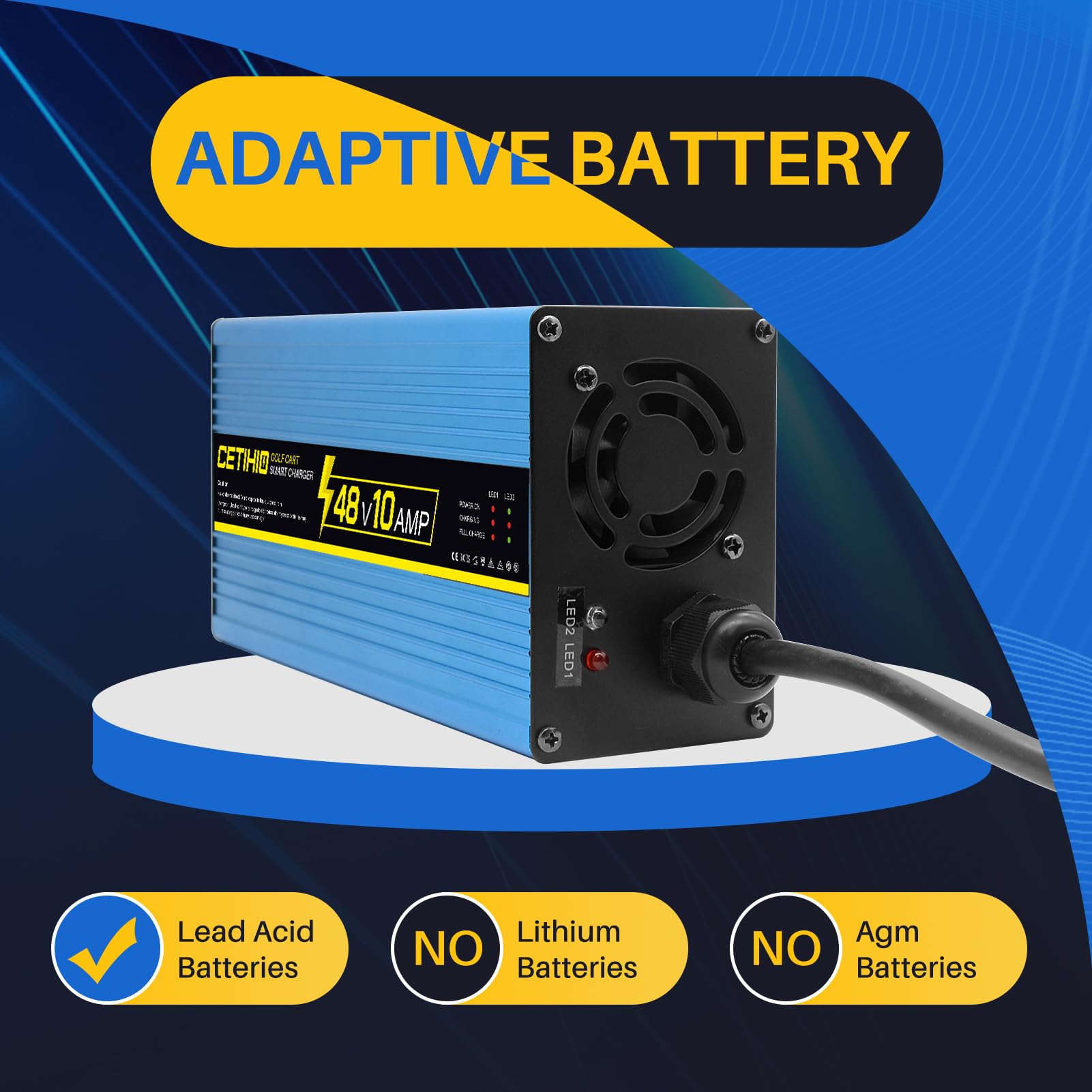 48V Golf Cart Battery Charger 10 AMP for Club Car DS & Precedent - Smart 48 Volt Charger with Trickle Mode & Round 3-Pin Plug - Fast 5-8 Hour Charge - Perfect for Golf Carts, Electric Vehicles & Outdoor Power Equipment