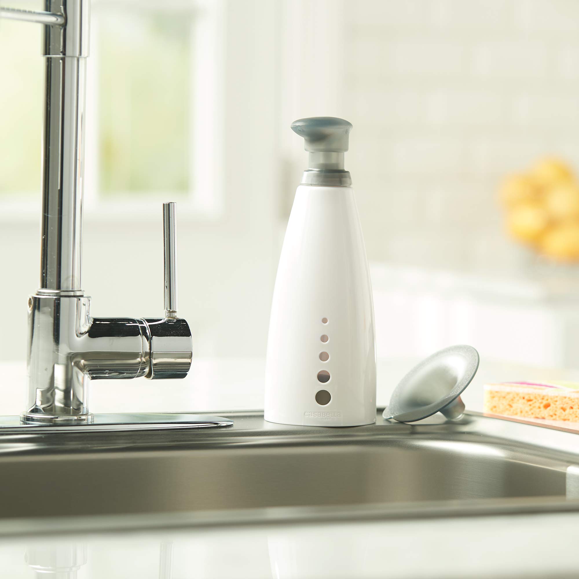 Casabella Sink Sider 14-oz. Soap Dispenser with Filling Funnel - Gray & White Multipurpose Pump Bottle for Kitchen, Bathroom, and Office Use