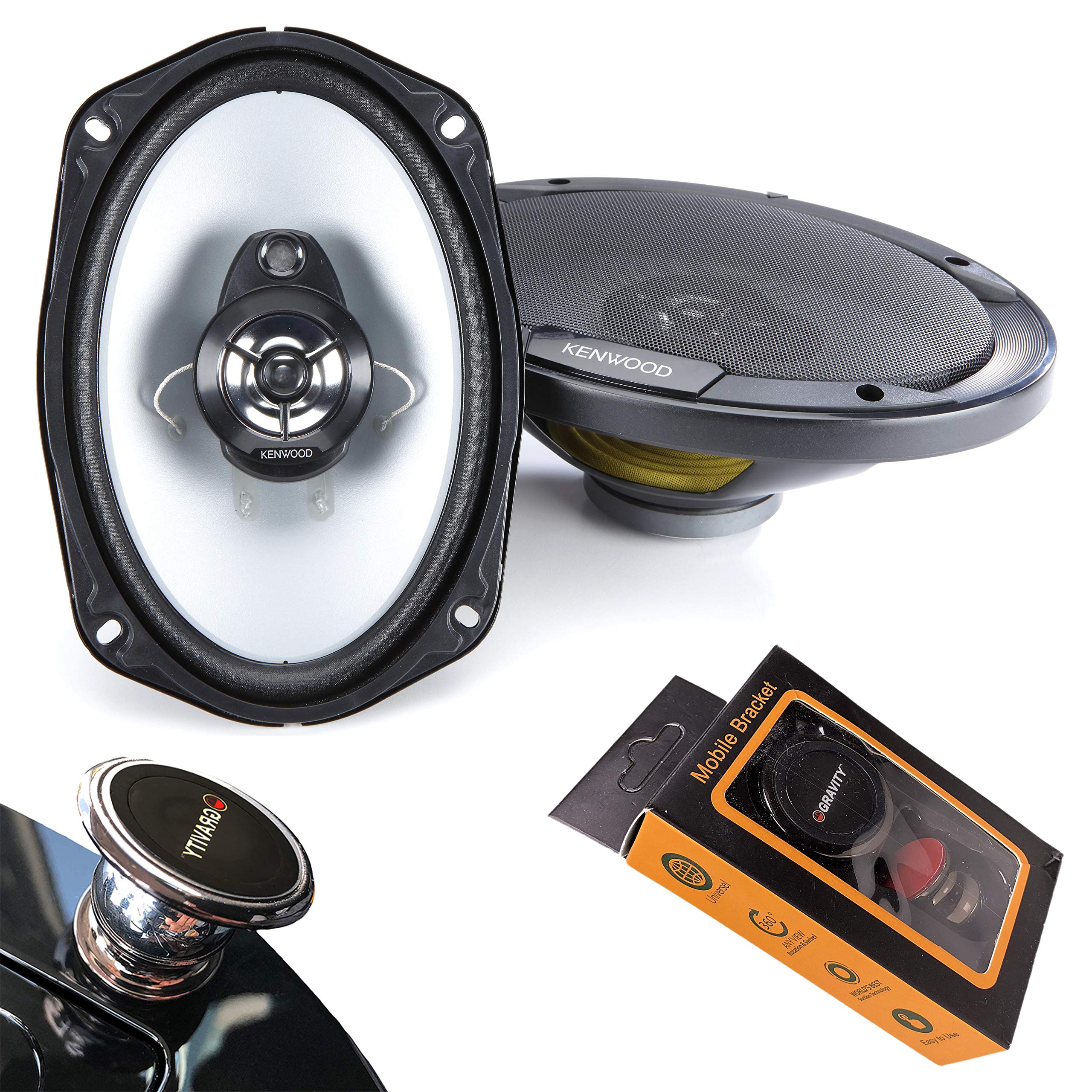 Kenwood KFC-6966S 6x9 Inch 400W 3-Way Car Audio Speakers (Pair) with Gravity Magnet Phone Mount - Premium Sound for Trucks, SUVs & Sedans - Perfect for Road Trips & Daily Commuting