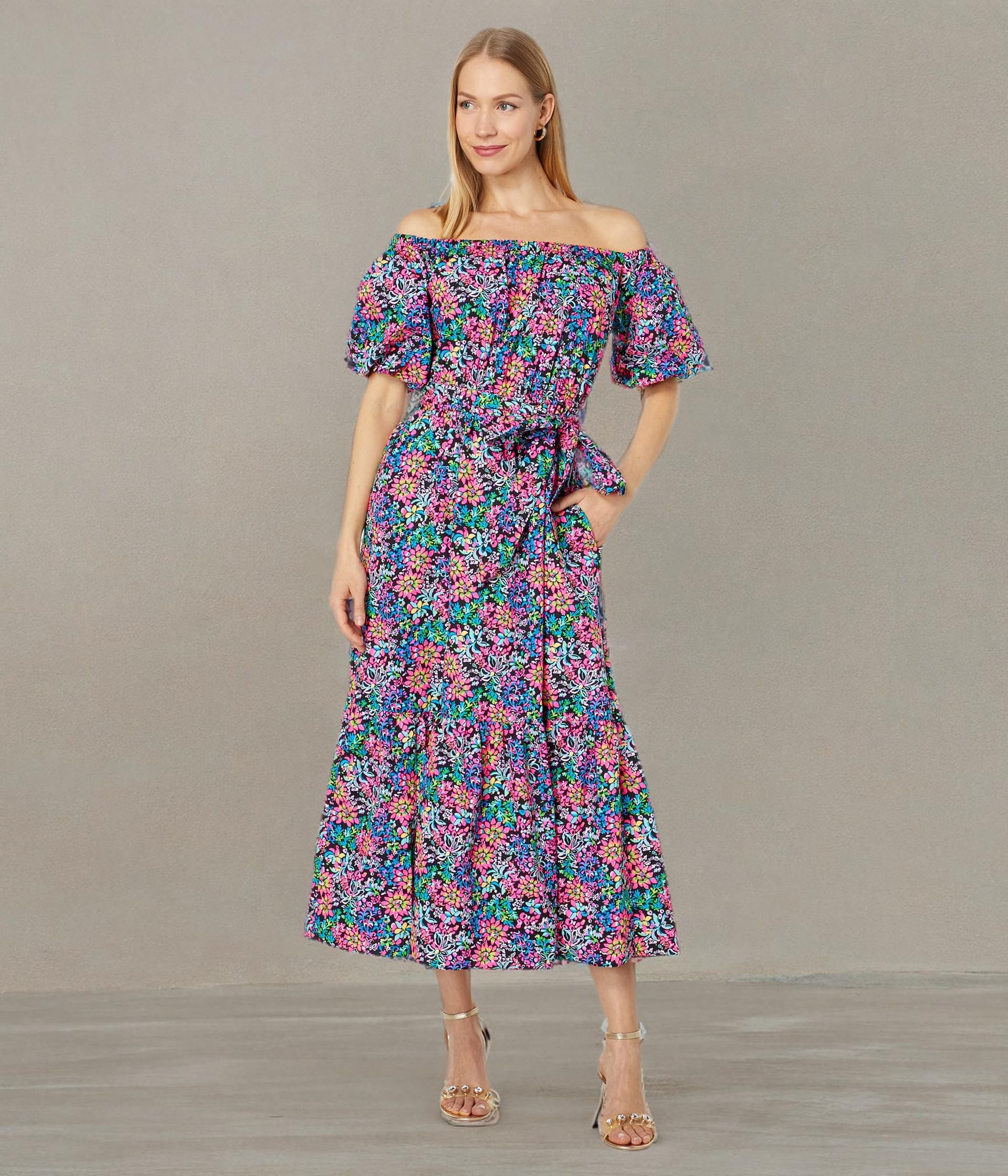 Lilly Pulitzer Tamie Off-The-Shoulder Floral Print Dress for Women | Summer Beach Party & Vacation Outfit | Perfect for Weddings, Bridal Showers & Tropical Getaways