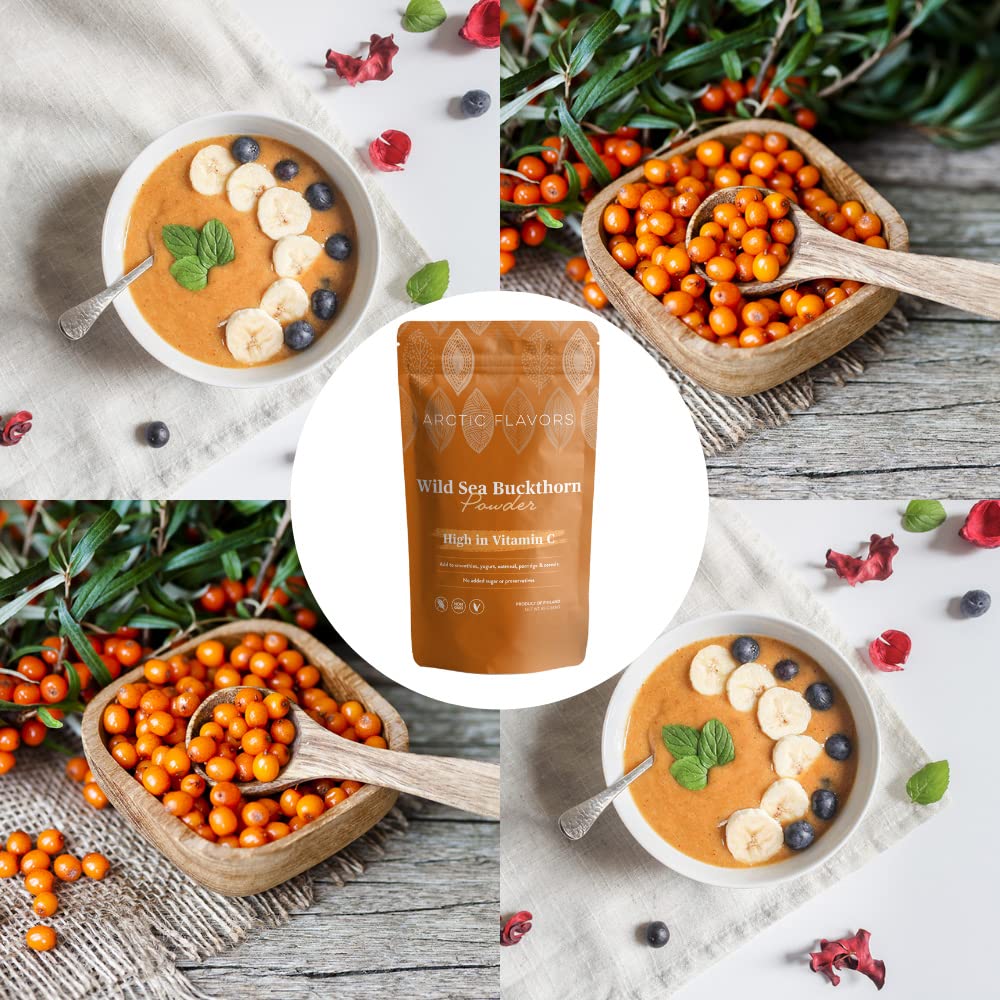 Premium Organic Sea Buckthorn Powder - Rich in Omega 3 6 7 9 Fatty Acids & Vitamin C - Cold-Pressed Sea Buckthorn Oil - Freeze Dried Whole Berries - Sustainably Grown in Finland - 15oz (5 Pack) - Perfect for Smoothies, Skin Care & Immune Support