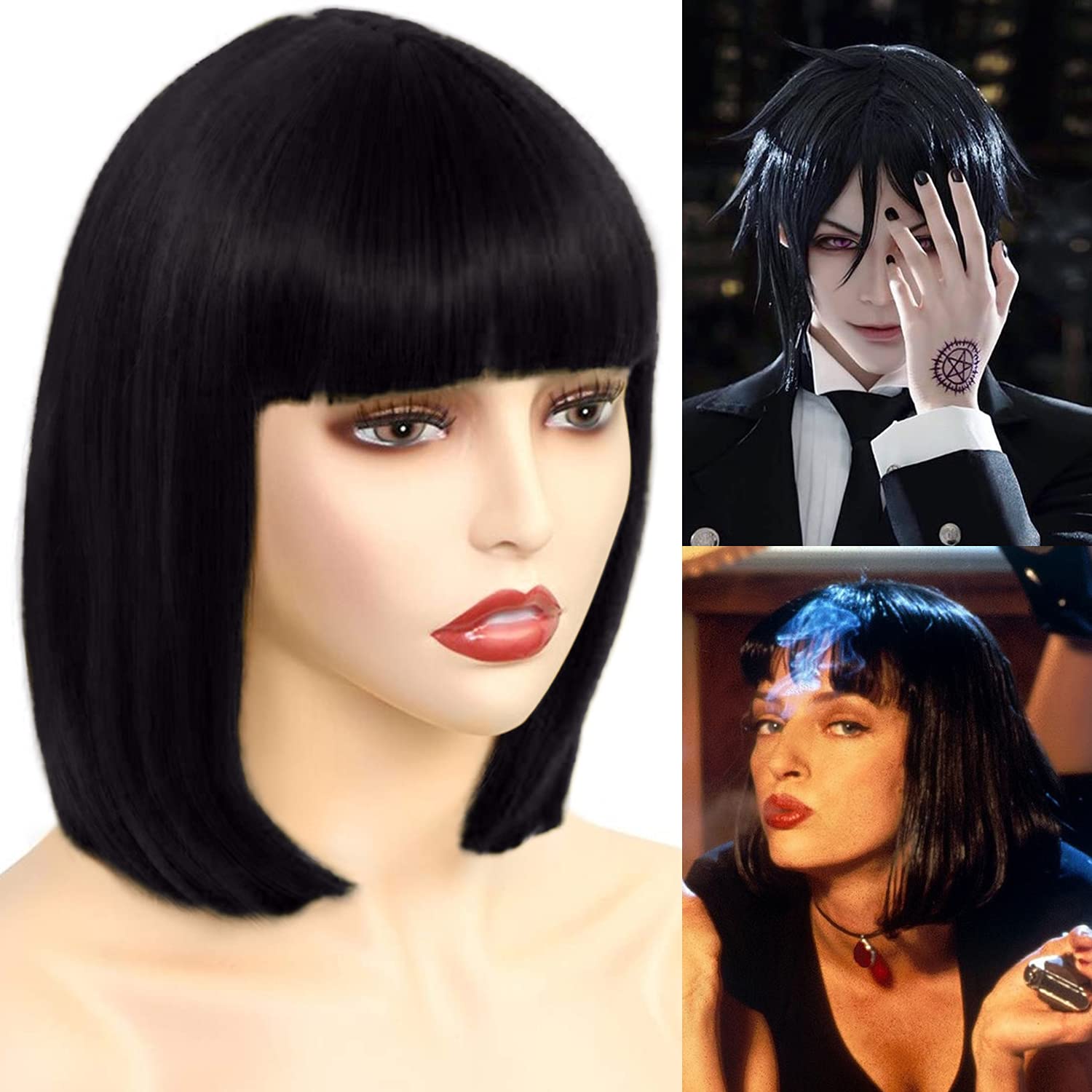 Akkya Black Bob Wigs with Bangs - Short Straight Synthetic Hair Wig for Black Women | Perfect for Party, Costume & Cosplay (12inch, Black) | Great for Halloween, Cosplay Events & Themed Parties