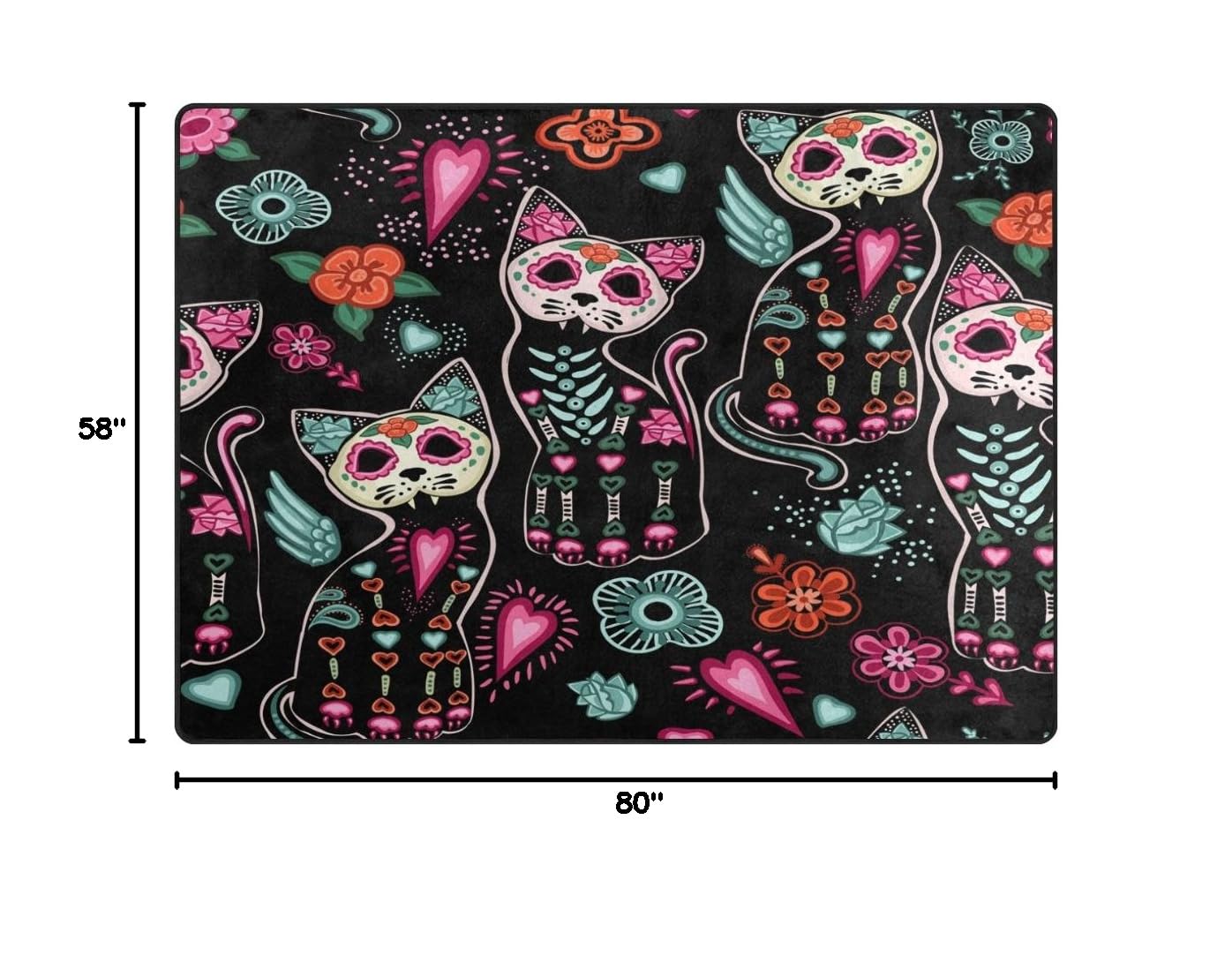 ALAZA Floral Day of The Dead Cat Sugar Skull Area Rug - 7' x 5' Soft Bohemian Rug for Living Room, Bedroom, Dorm | Perfect for Halloween Decor, Mexican Theme Parties & Home Decor