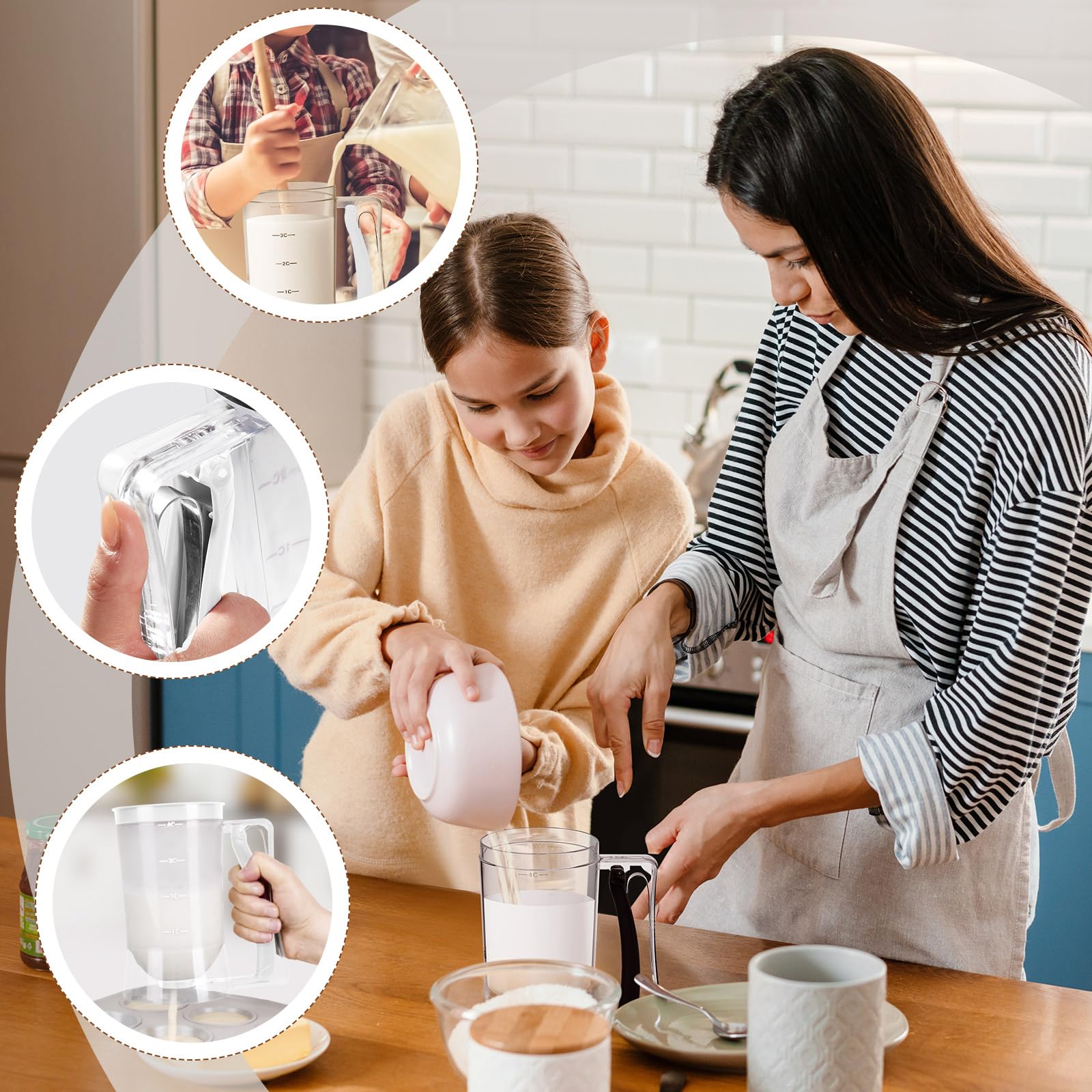 2-Piece Pancake & Cupcake Batter Dispenser with Squeeze Handle - 4-Cup Measuring Baking Tool for Griddle, Waffles, Cookies & Cakes - Perfect for Breakfast, Brunch & Party Food Prep (White)