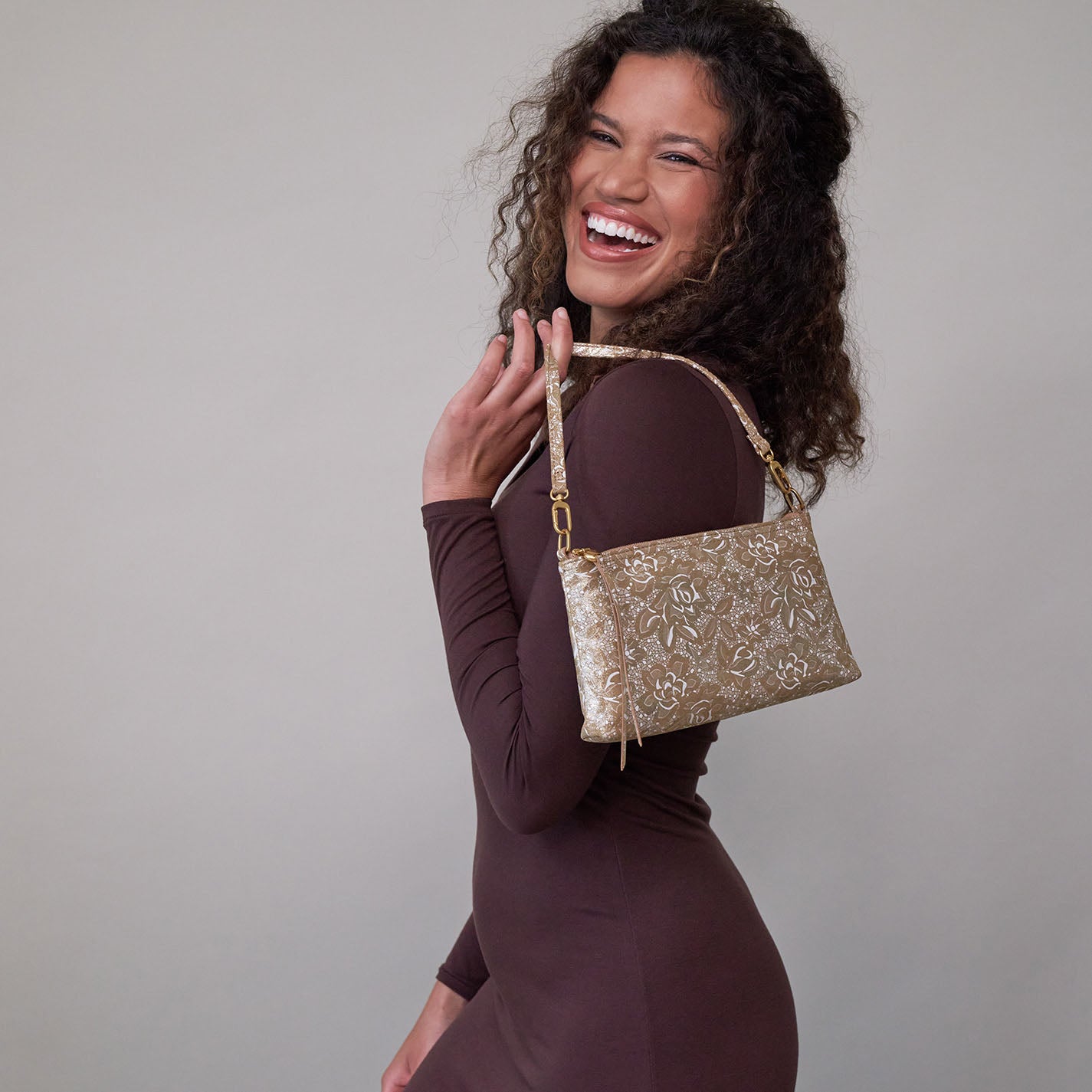 Darcy Crossbody Bag in Printed Leather with Gilded Petals - Stylish Women's Handbag for Work, Travel & Evening Out