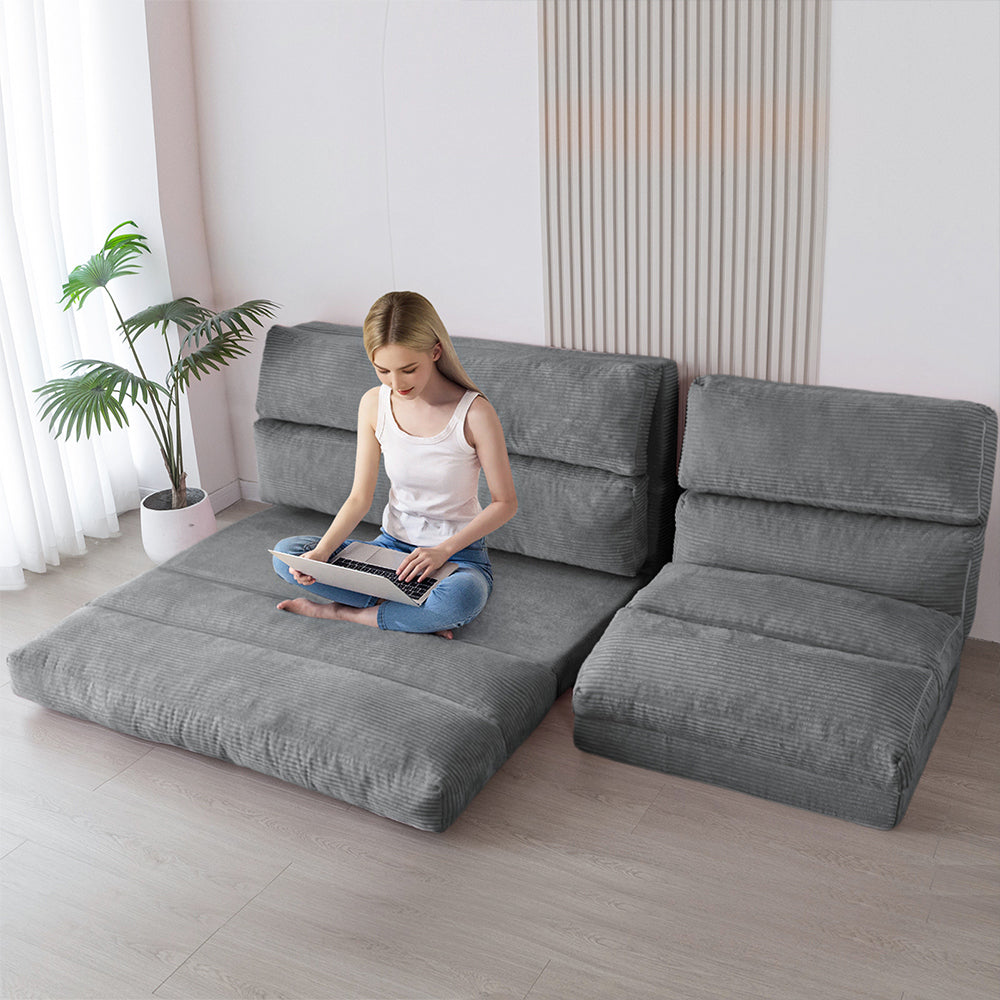 MAXYOYO Corduroy Bean Bag Folding Sofa Bed - Extra Wide Convertible Floor Mattress for Living Room, Bedroom & Guest Room (Grey)