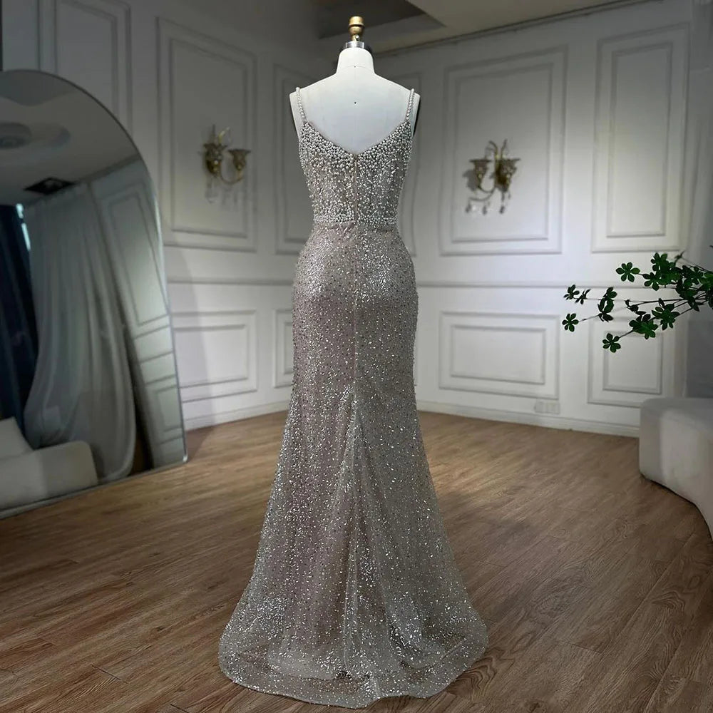 Elegant Nude Mermaid Evening Gown with Pearl Beading - Luxurious Women's Wedding Dress for Bride, Prom, Gala & Special Occasions | LA72321
