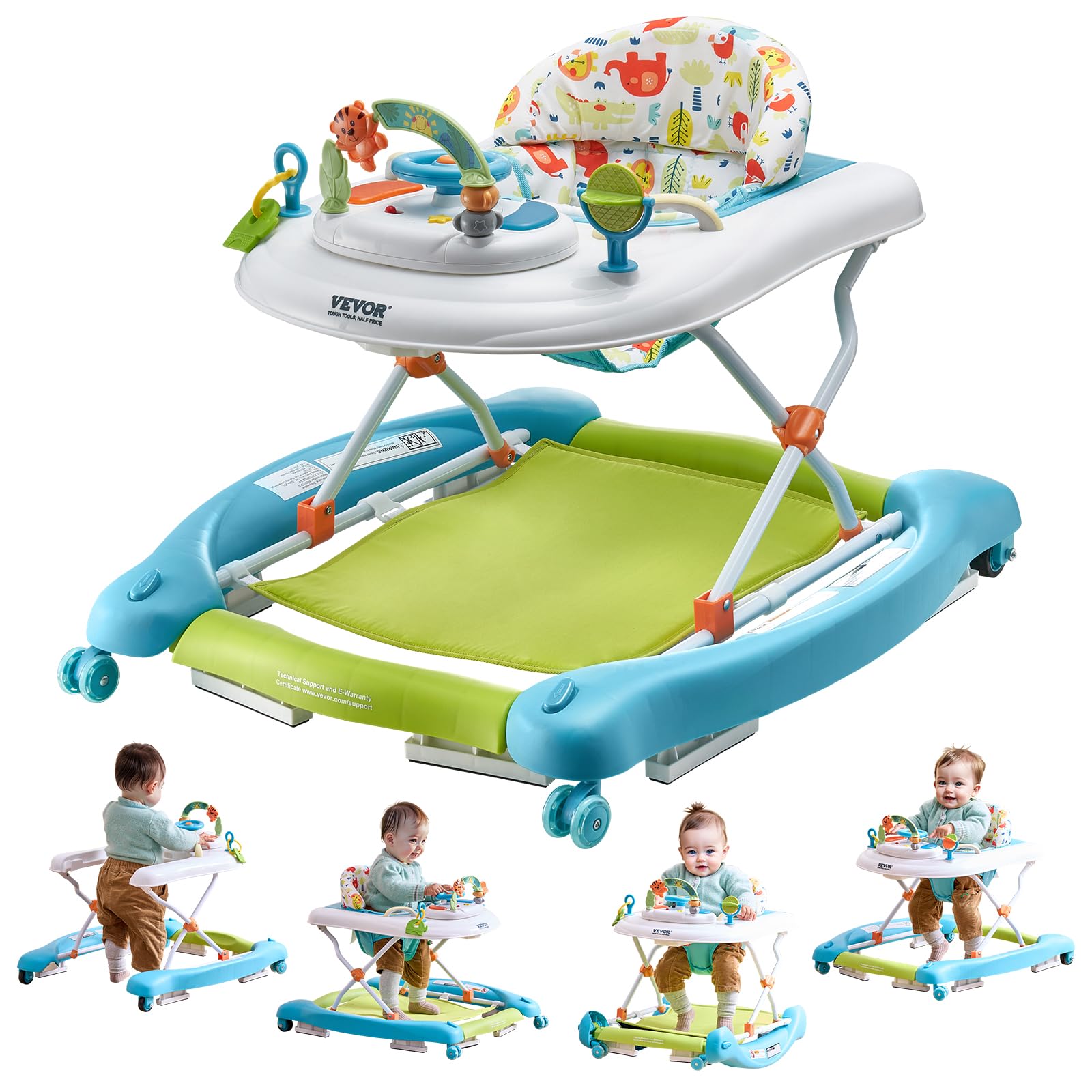 VEVOR 4-in-1 Baby Activity Walker with Wheels - Adjustable Height Learning Walker, Rocker & Bouncer for Toddlers 6-24 Months | Foldable Design with Music & Toy Tray | Perfect for Indoor Play & Early Development