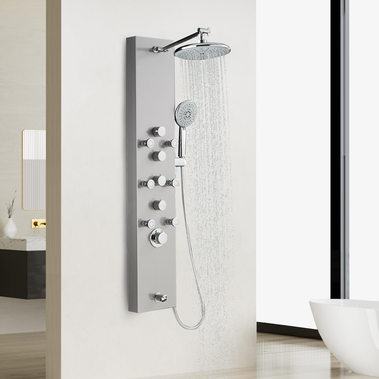 4-Function Luxury Shower Panel System with Rainfall Shower Head, Adjustable Body Jets, Handheld Spray & Tub Spout - Brushed 304 Stainless Steel Shower Tower Column for Spa-Like Bathroom Experience