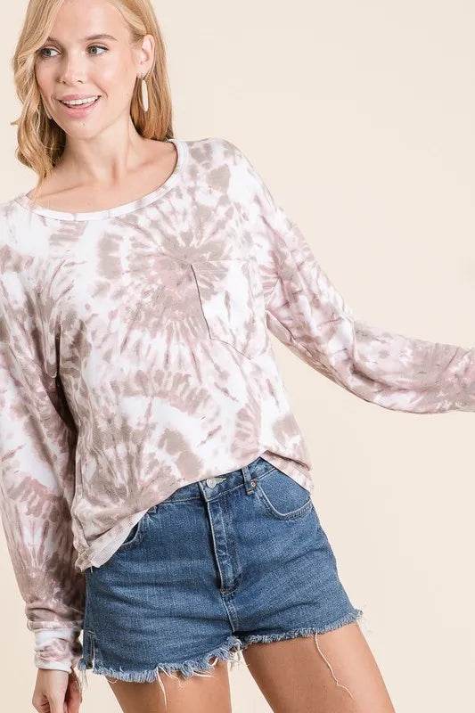Bibi Tie Dye Print Terry Top With Front Patch Pocket - Mauve/Taupe Women's Fashion | Casual Wear, Beach Outfit, Summer Style