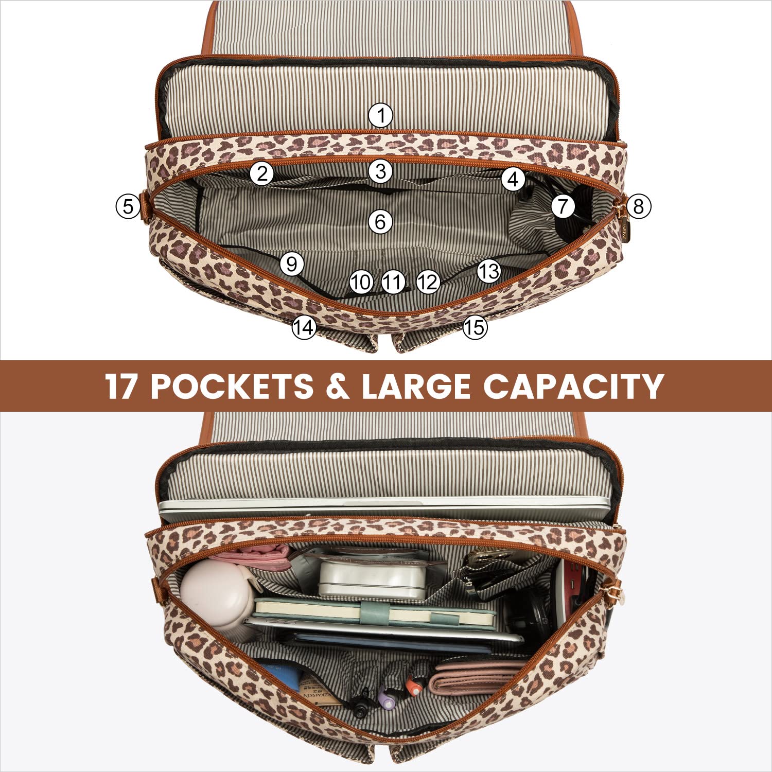 LOVEVOOK Women's 15.6 Inch Laptop Bag - Large Capacity Work Briefcase & Stylish Leopard Print Messenger Purse for Business, Office, Travel & College (Brown)